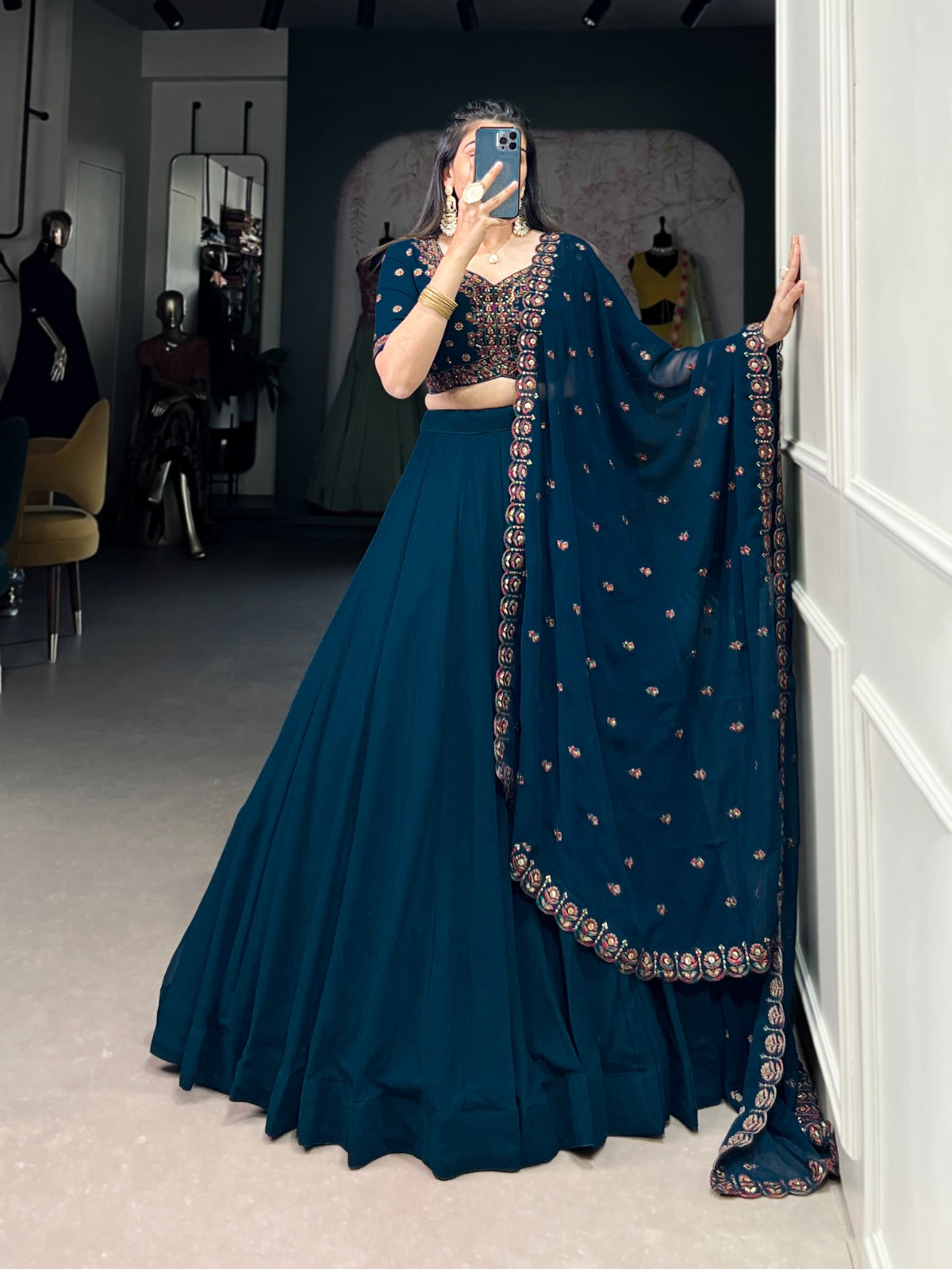 Blue Georgette Sequence Thread Embroidery work Lehenga Choli Set (Stitched)