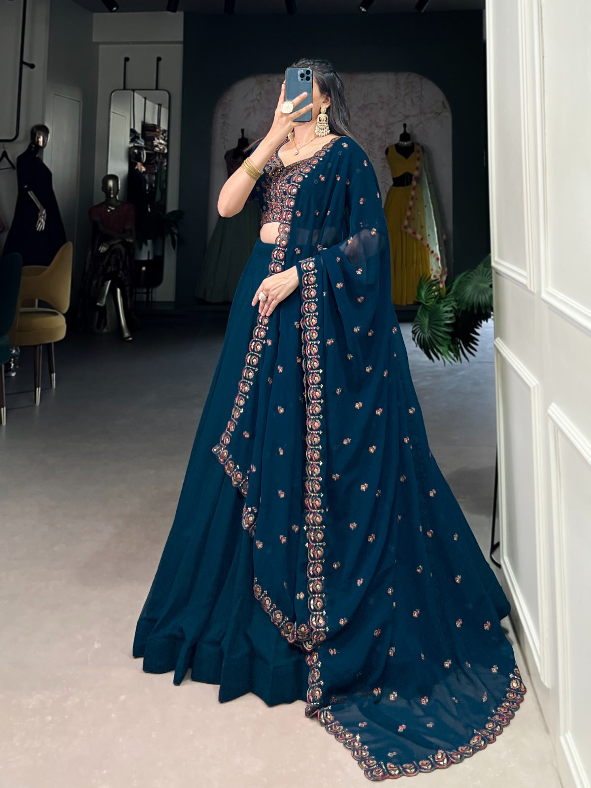 Blue Georgette Sequence Thread Embroidery work Lehenga Choli Set (Stitched)