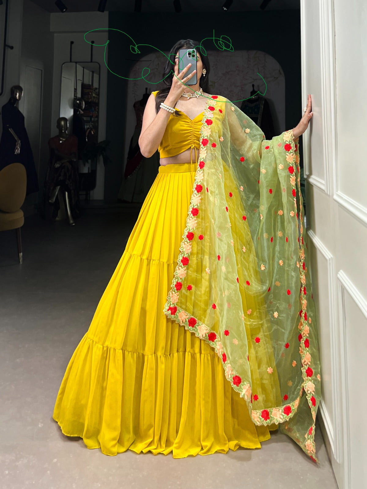 Yellow Ruffle Lehenga Choli with Floral Embroidered Dupatta