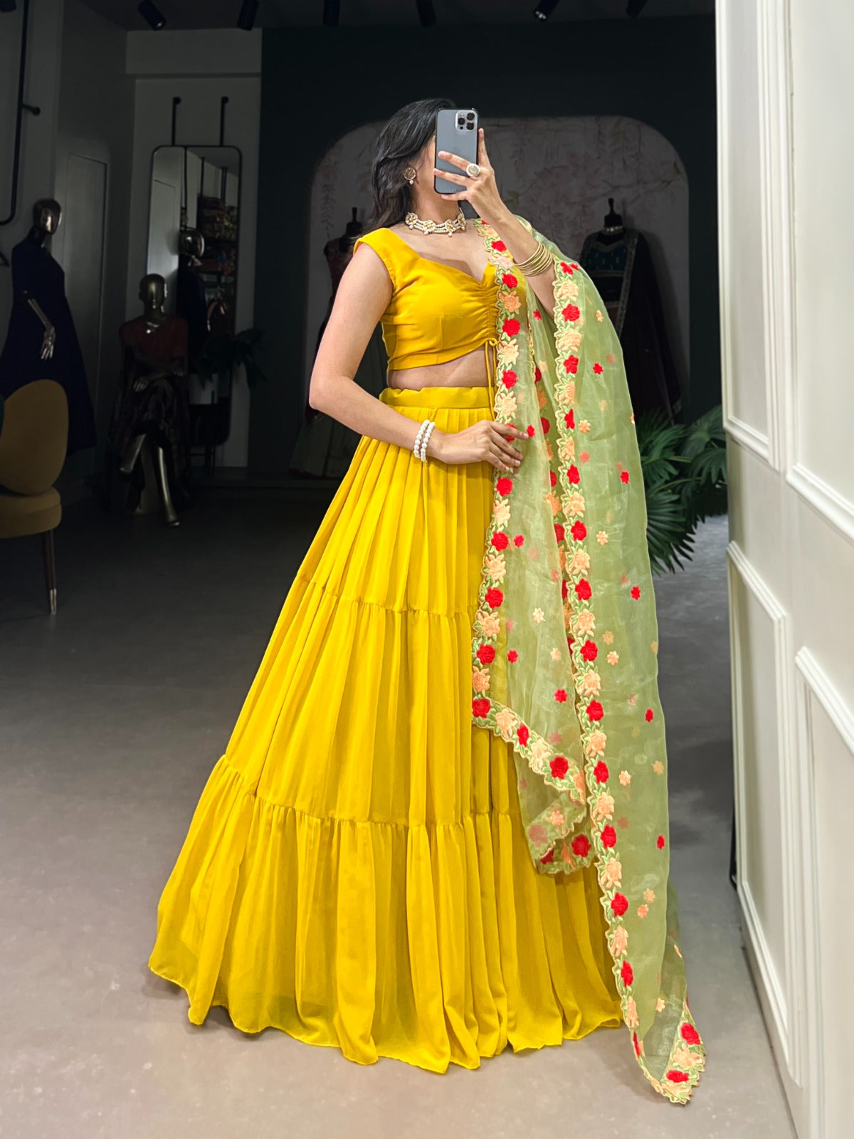 Yellow Ruffle Lehenga Choli with Floral Embroidered Dupatta