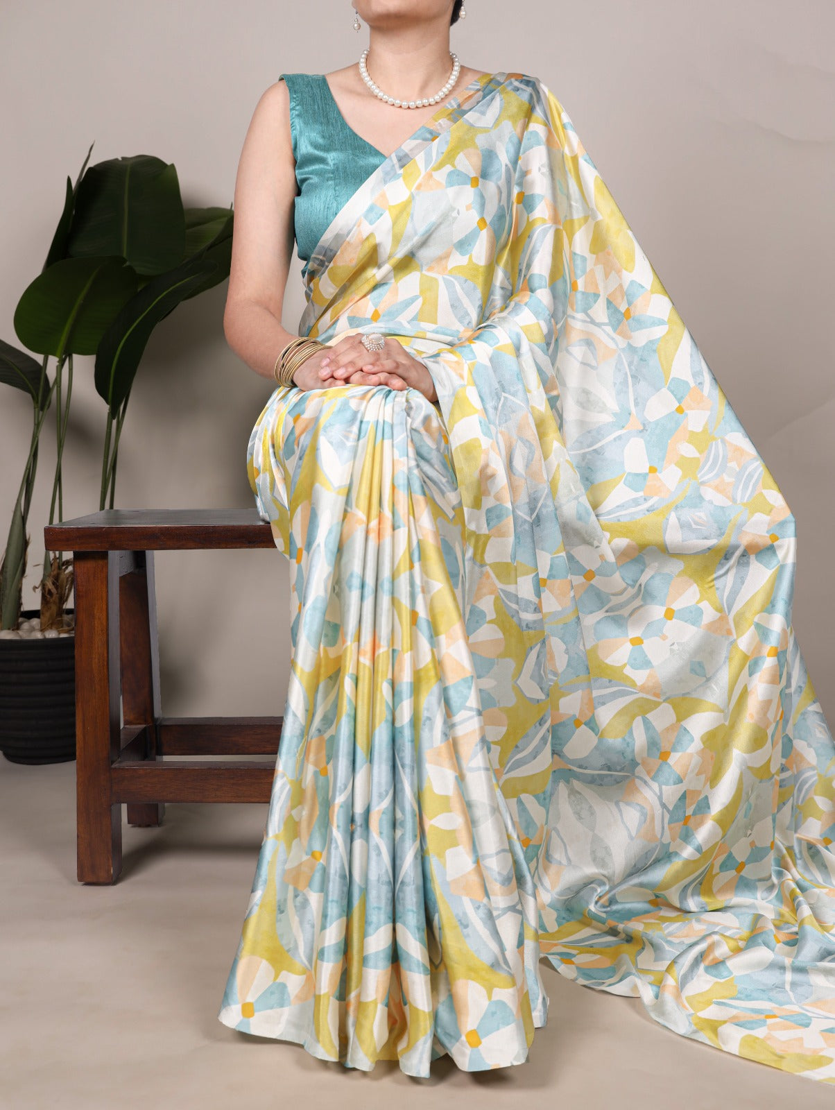 Pastel Green & Grey Lotus Print Saree in Soft Satin Finish