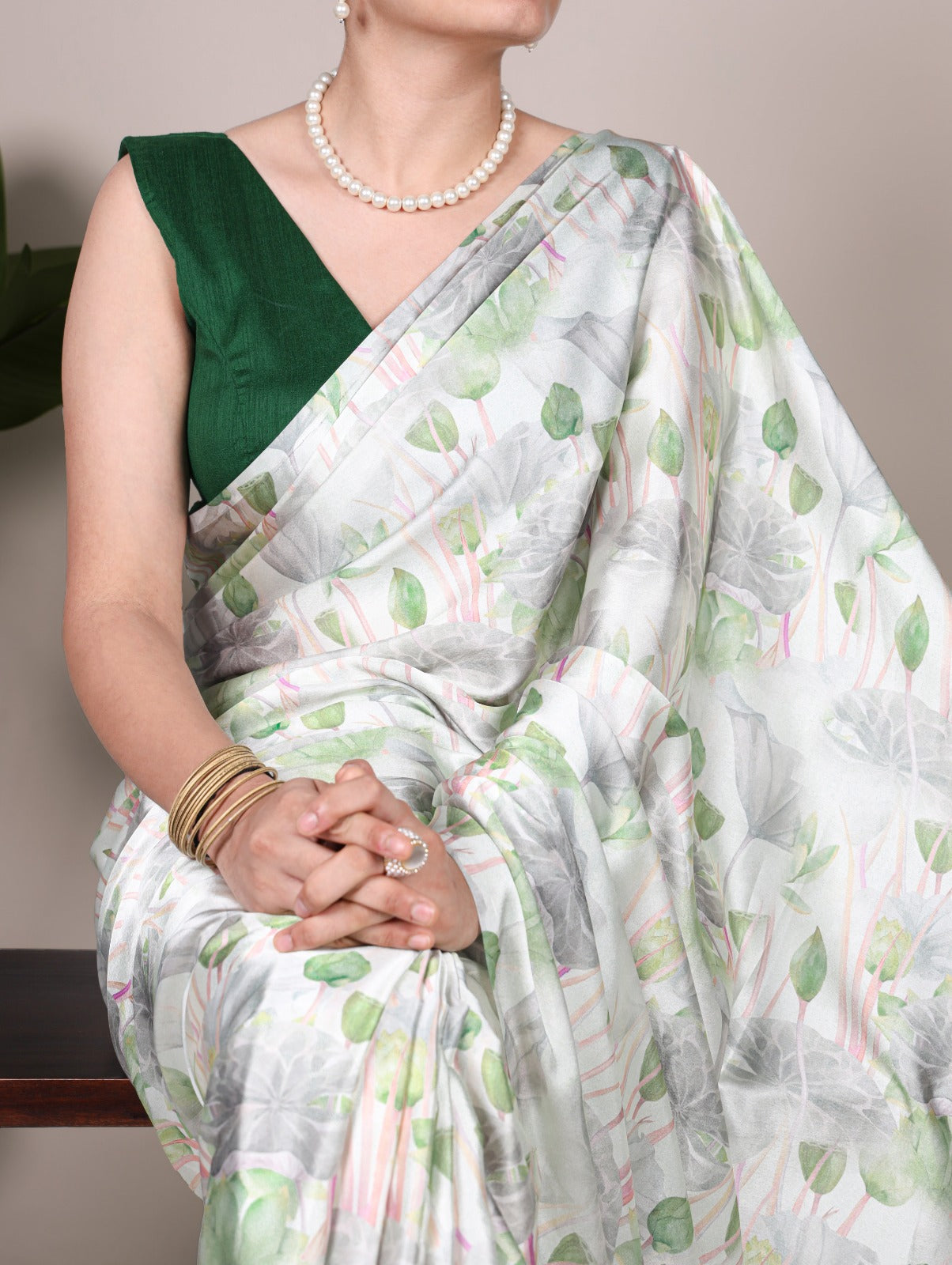 Pastel Green & Grey Lotus Print Saree in Soft Satin Finish