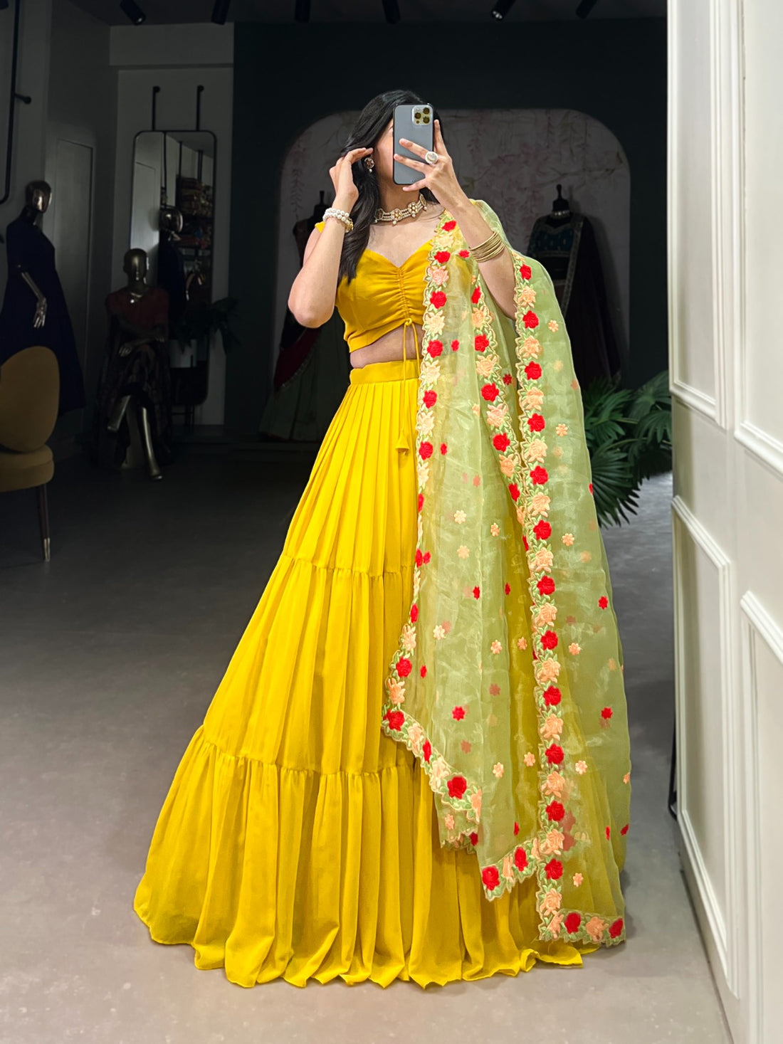 Yellow Ruffle Lehenga Choli with Floral Embroidered Dupatta