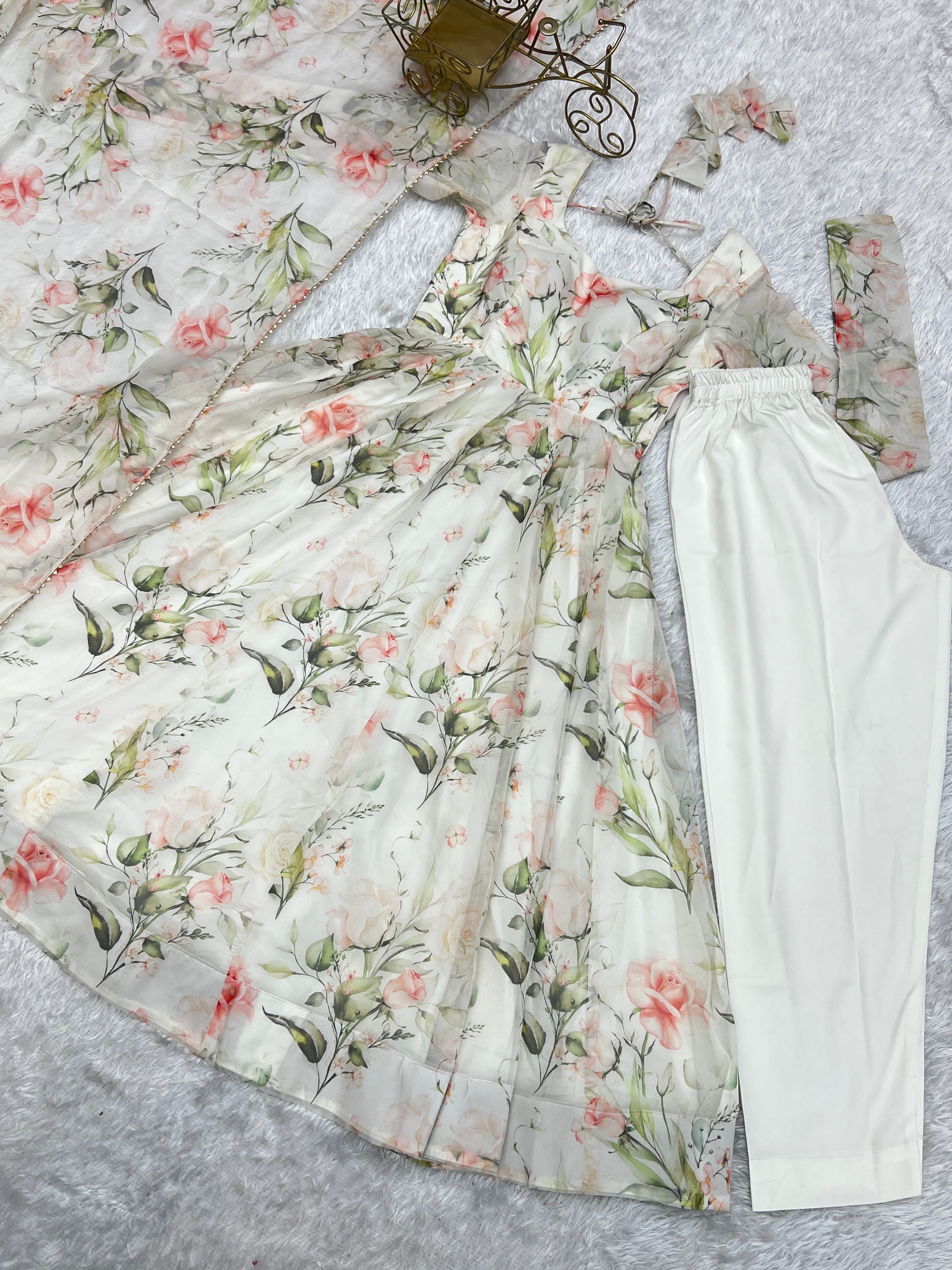 Fancy Off White Floral Printed Organza Anarkali Suit For Women