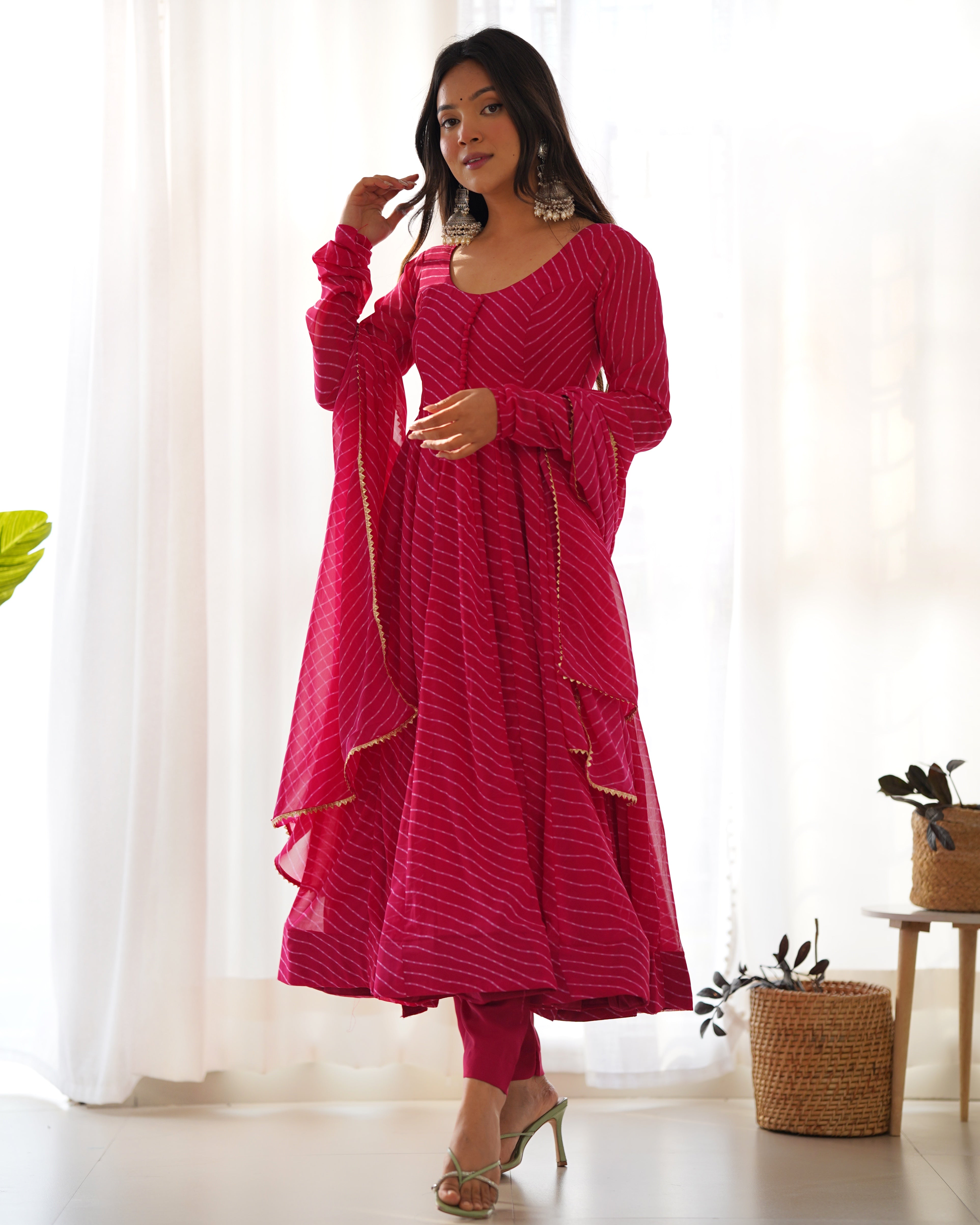 Luxurious Pink Laheriya Printed Georgette Anarkali Pant Suit With Dupatta