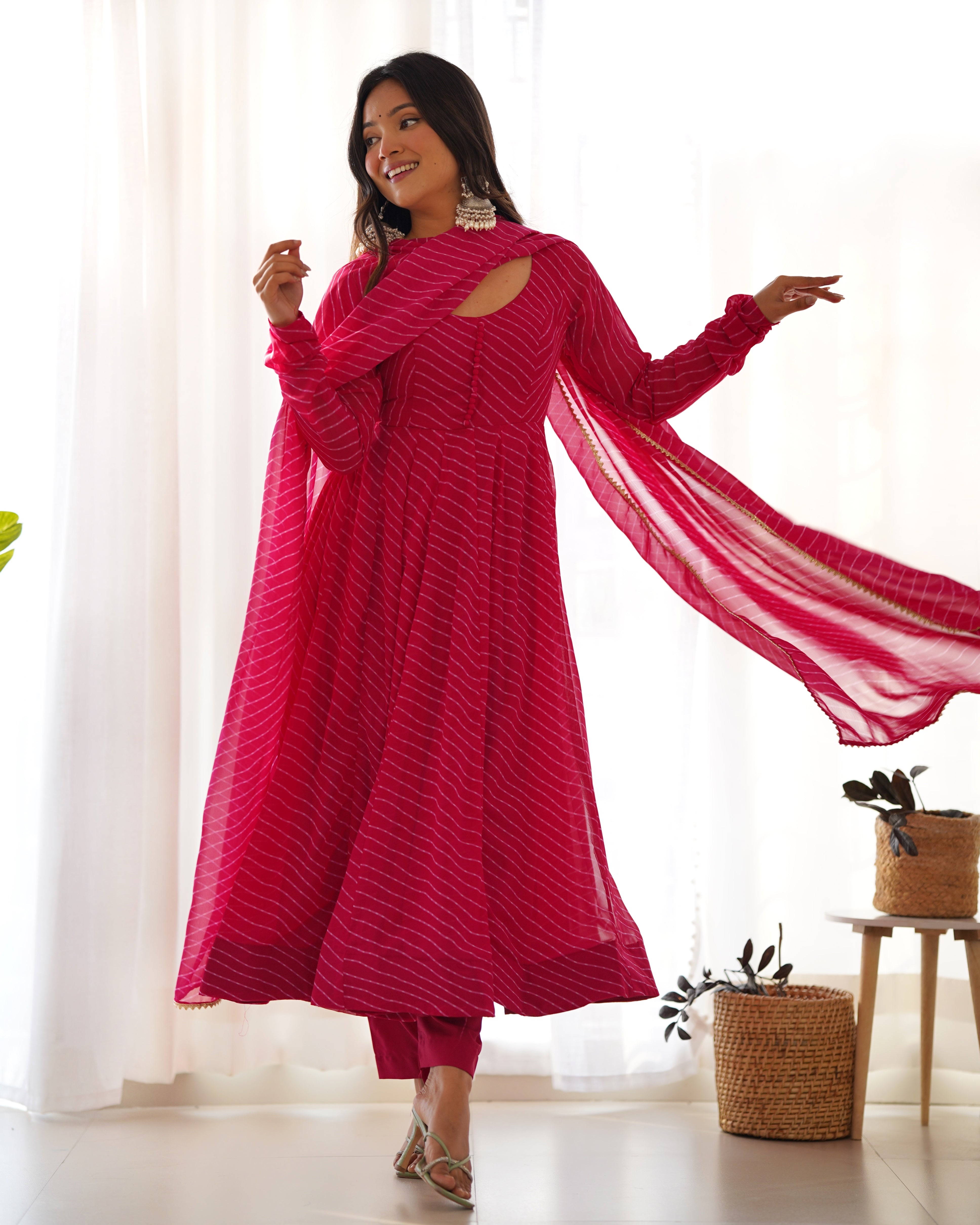 Luxurious Pink Laheriya Printed Georgette Anarkali Pant Suit With Dupatta