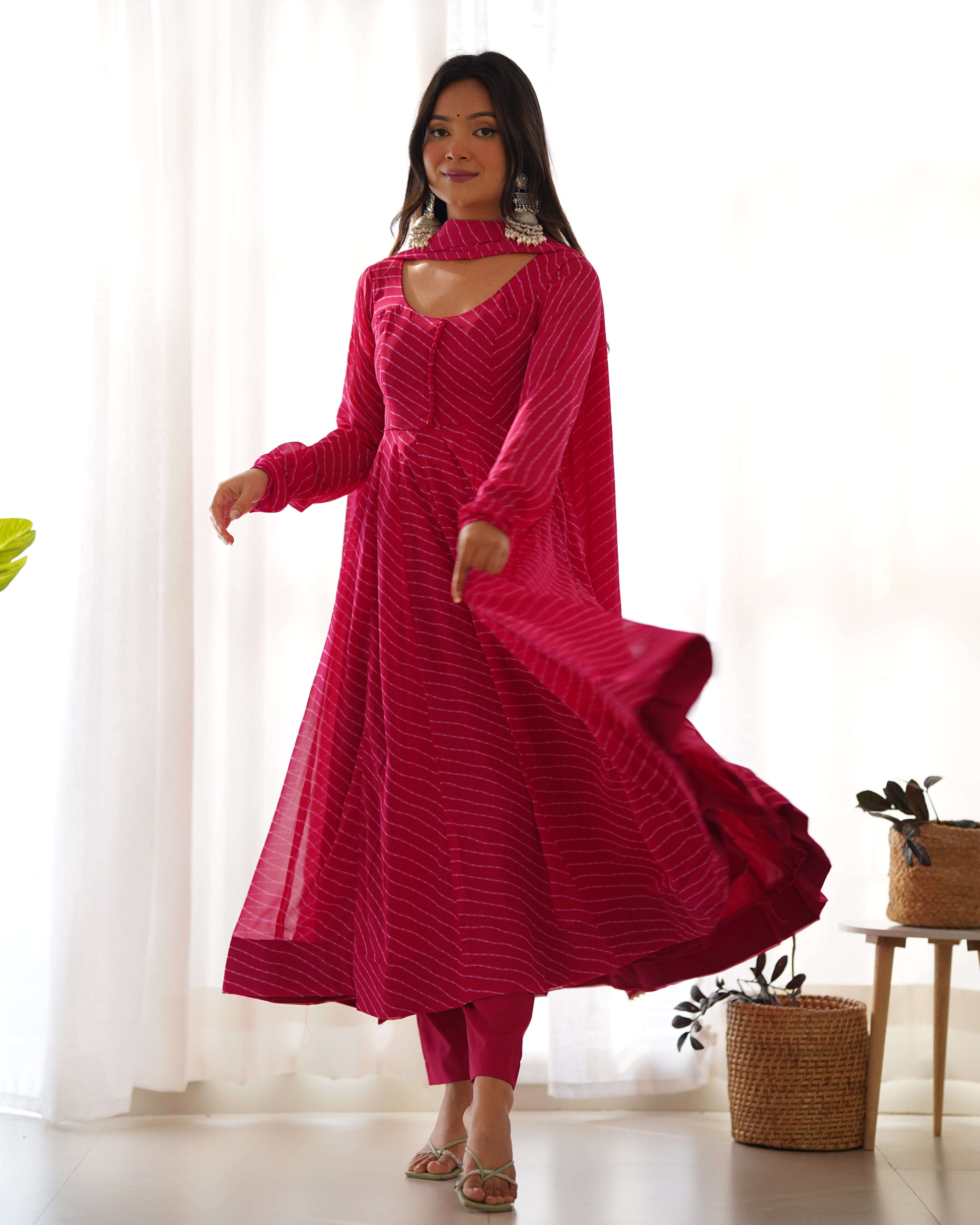 Luxurious Pink Laheriya Printed Georgette Anarkali Pant Suit With Dupatta