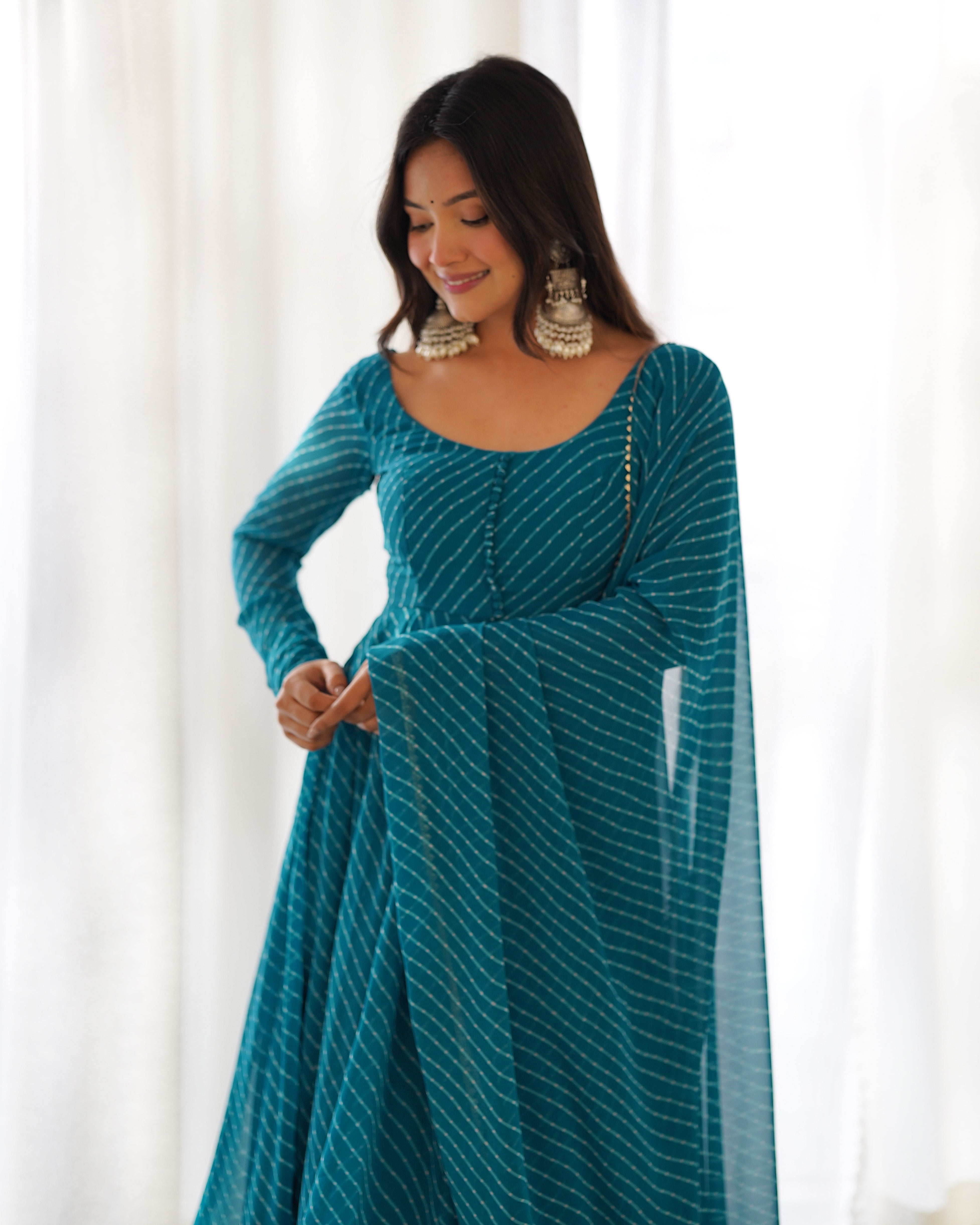 Stunning Teal Blue Laheriya Printed Georgette Anarkali Pant Suit