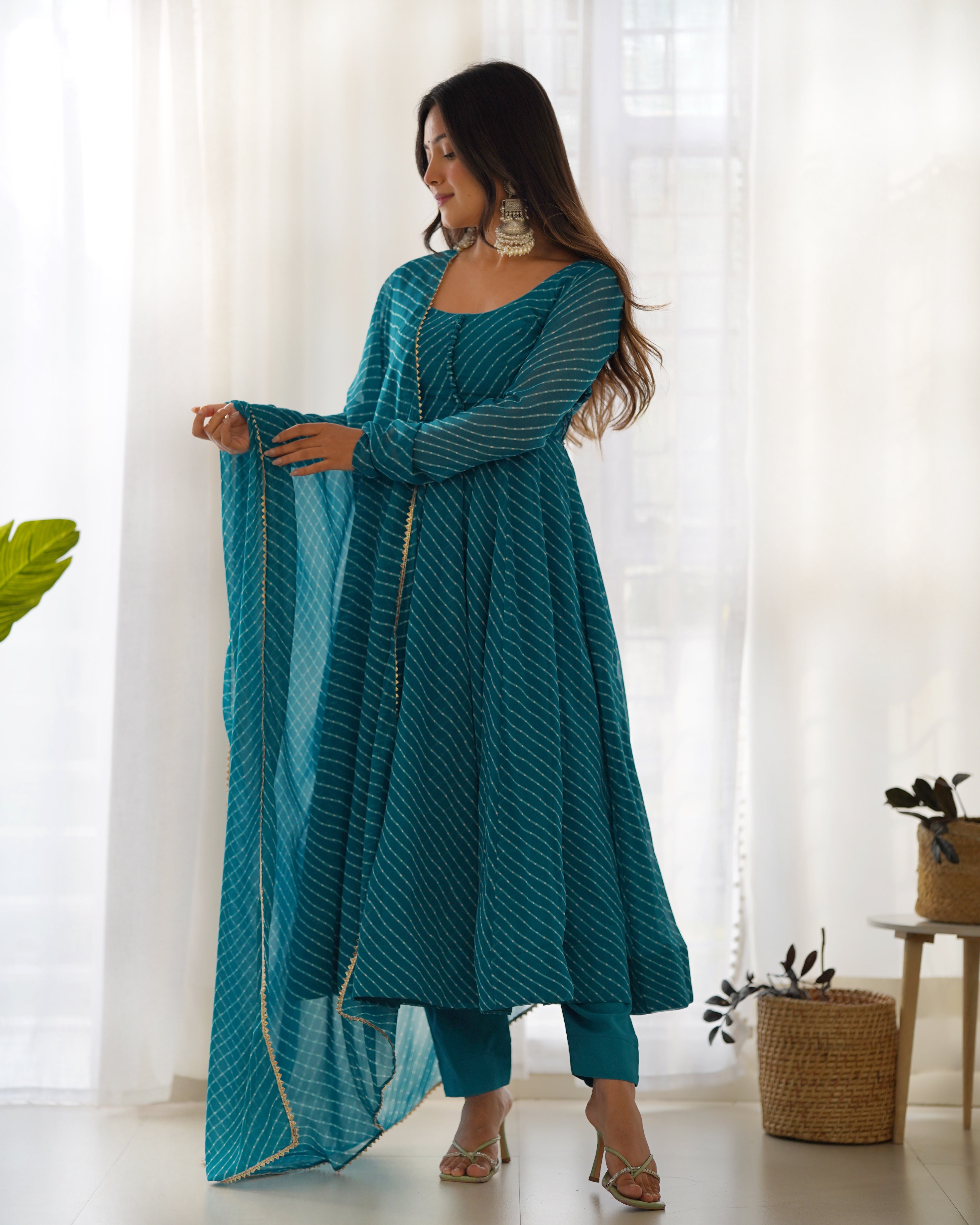 Stunning Teal Blue Laheriya Printed Georgette Anarkali Pant Suit