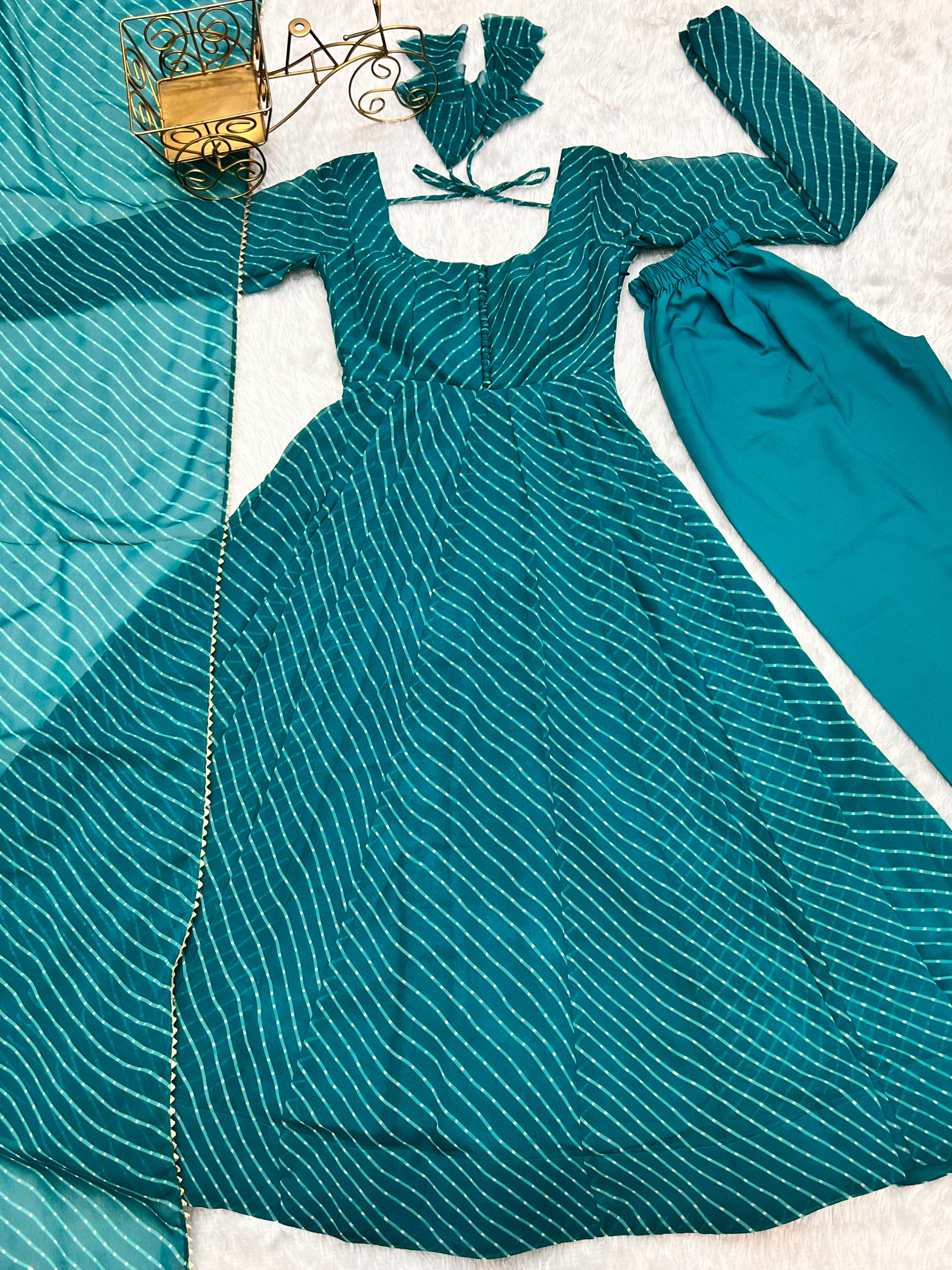 Stunning Teal Blue Laheriya Printed Georgette Anarkali Pant Suit