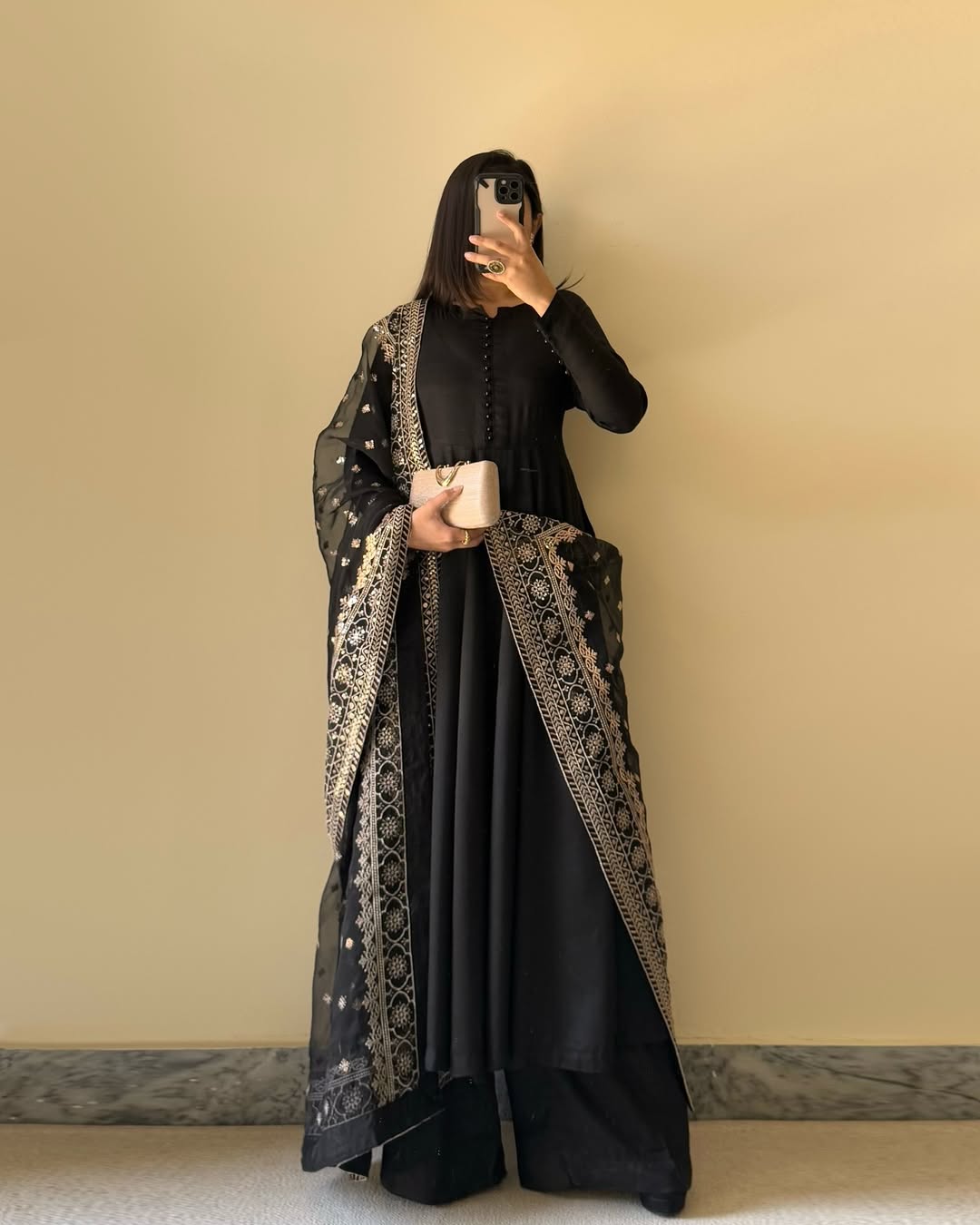 Fabulous Black Georgette Gown with Thread-Embroidered Dupatta