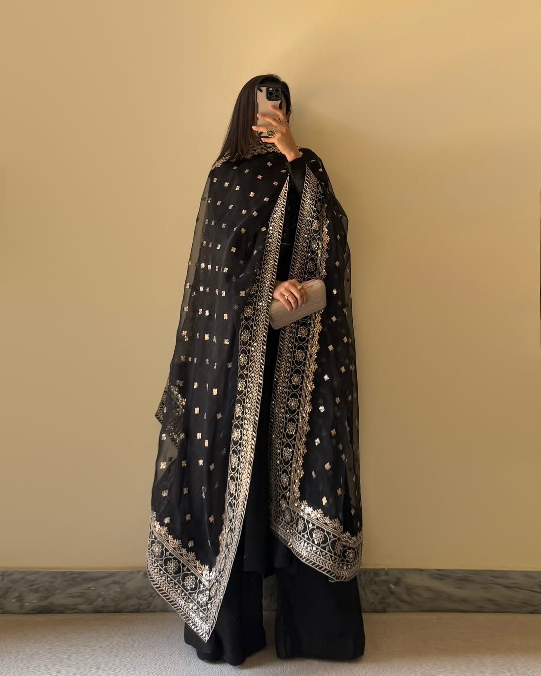 Fabulous Black Georgette Gown with Thread-Embroidered Dupatta