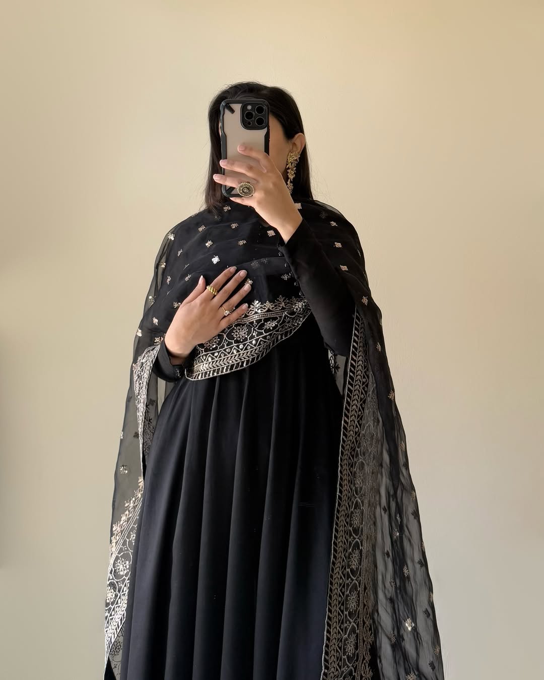 Fabulous Black Georgette Gown with Thread-Embroidered Dupatta