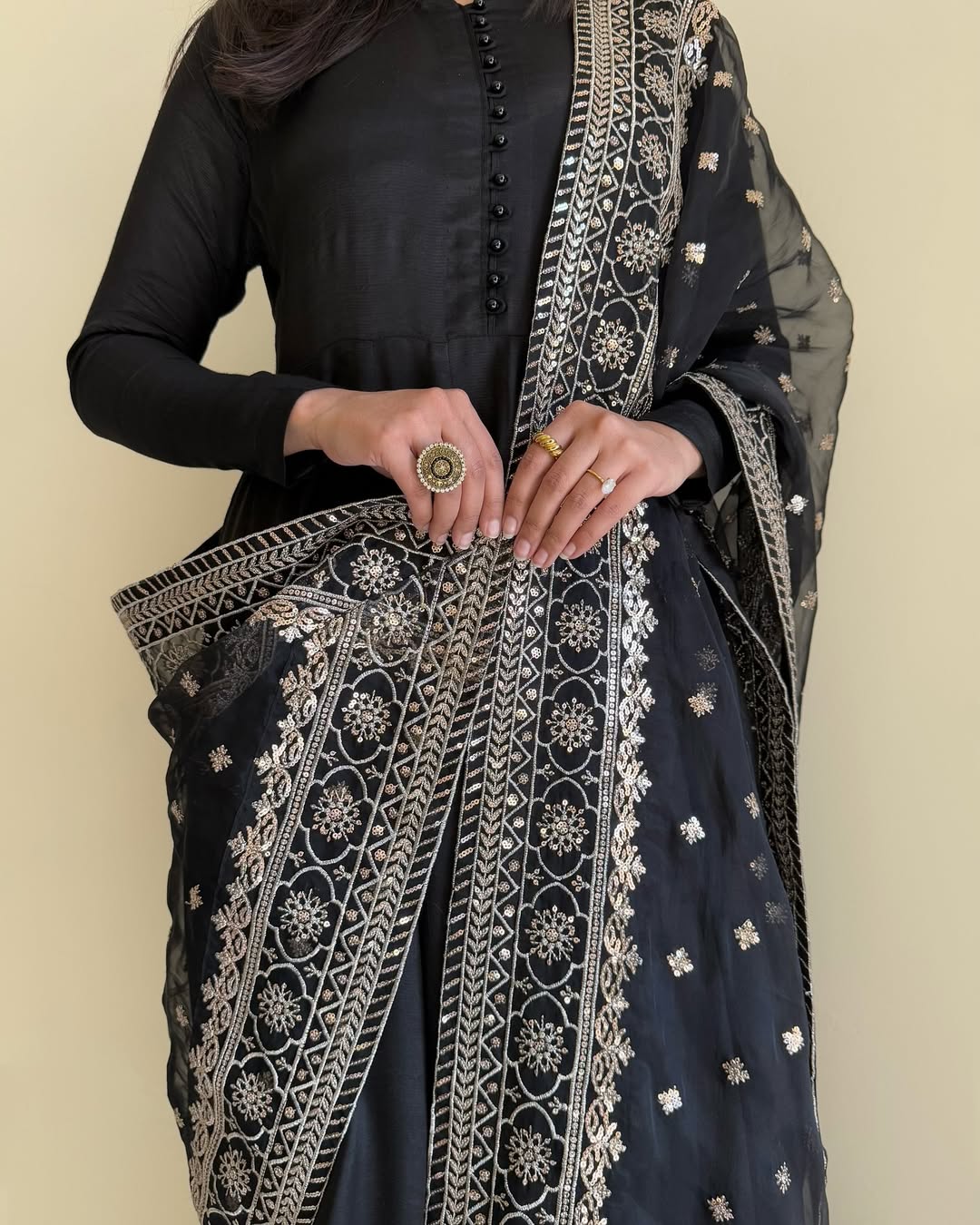 Fabulous Black Georgette Gown with Thread-Embroidered Dupatta