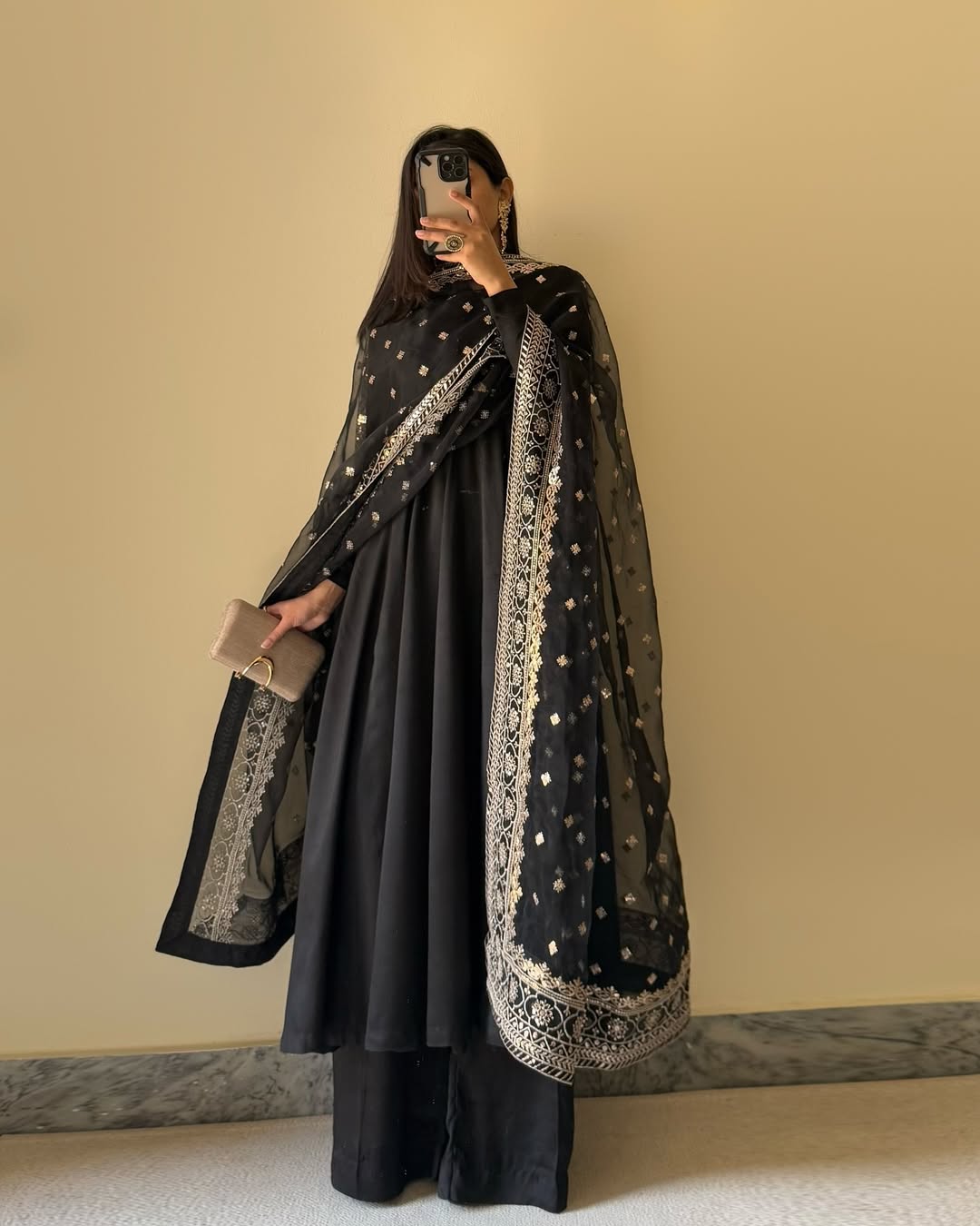 Fabulous Black Georgette Gown with Thread-Embroidered Dupatta