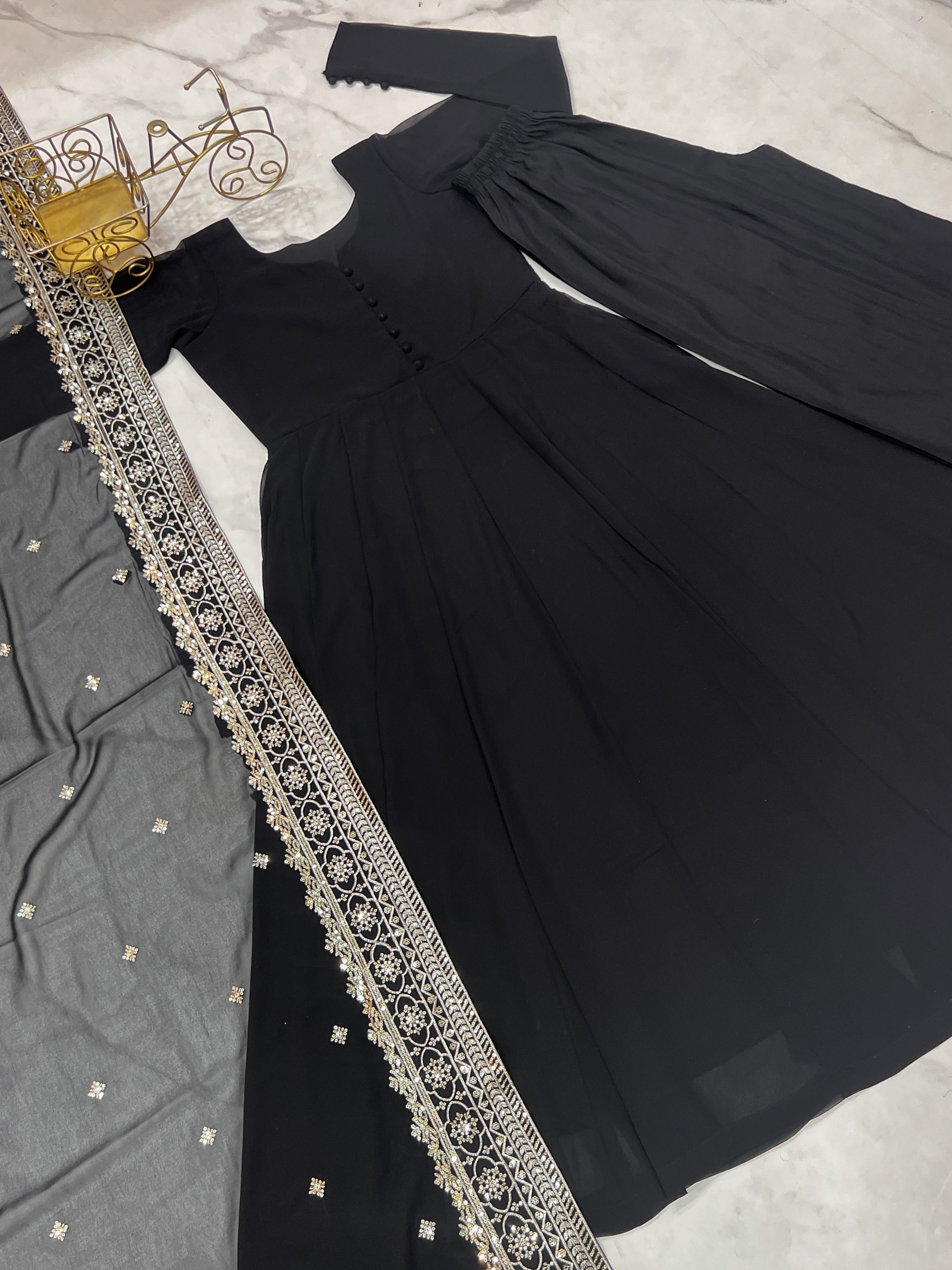 Fabulous Black Georgette Gown with Thread-Embroidered Dupatta
