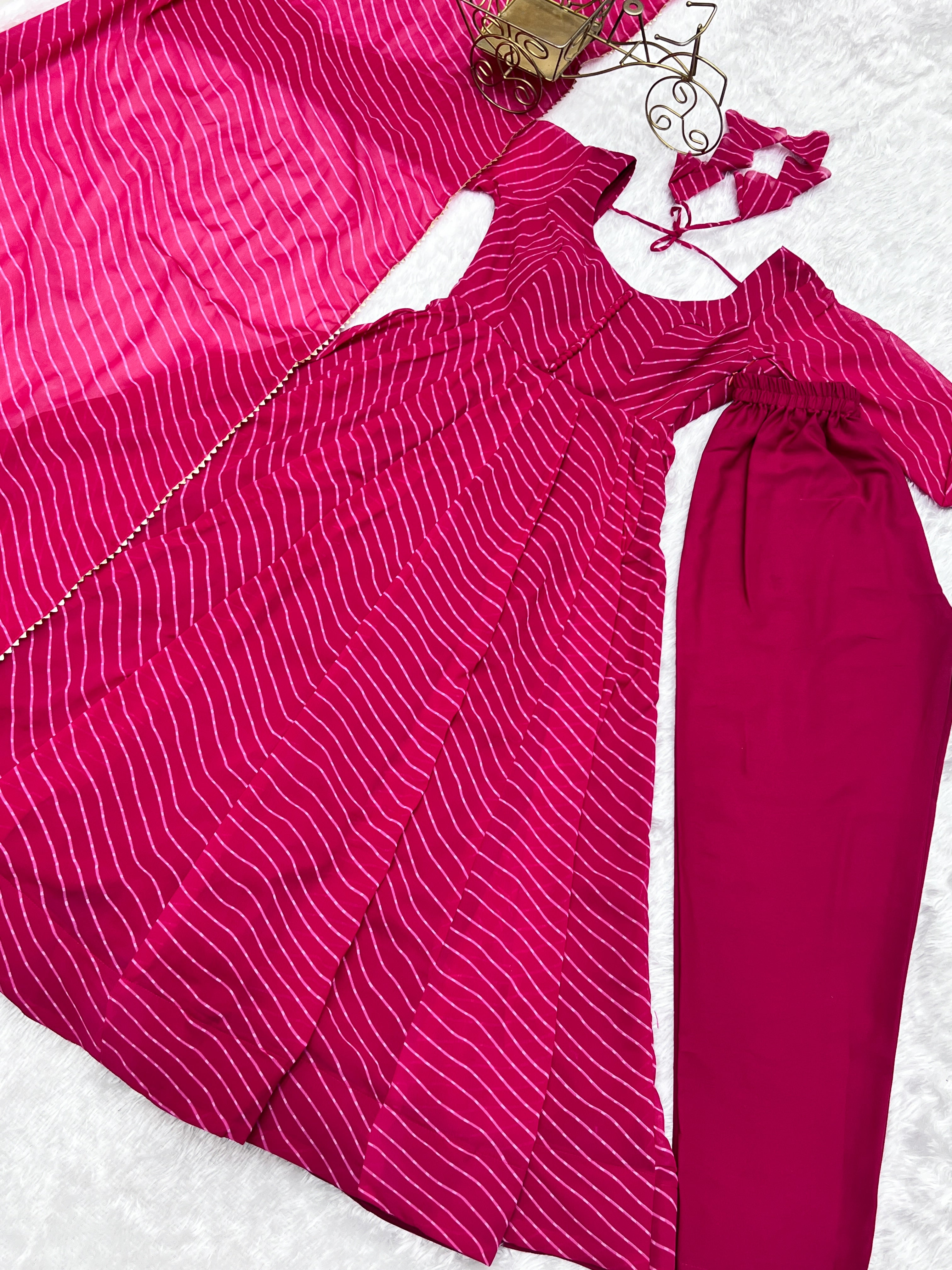 Luxurious Pink Laheriya Printed Georgette Anarkali Pant Suit With Dupatta