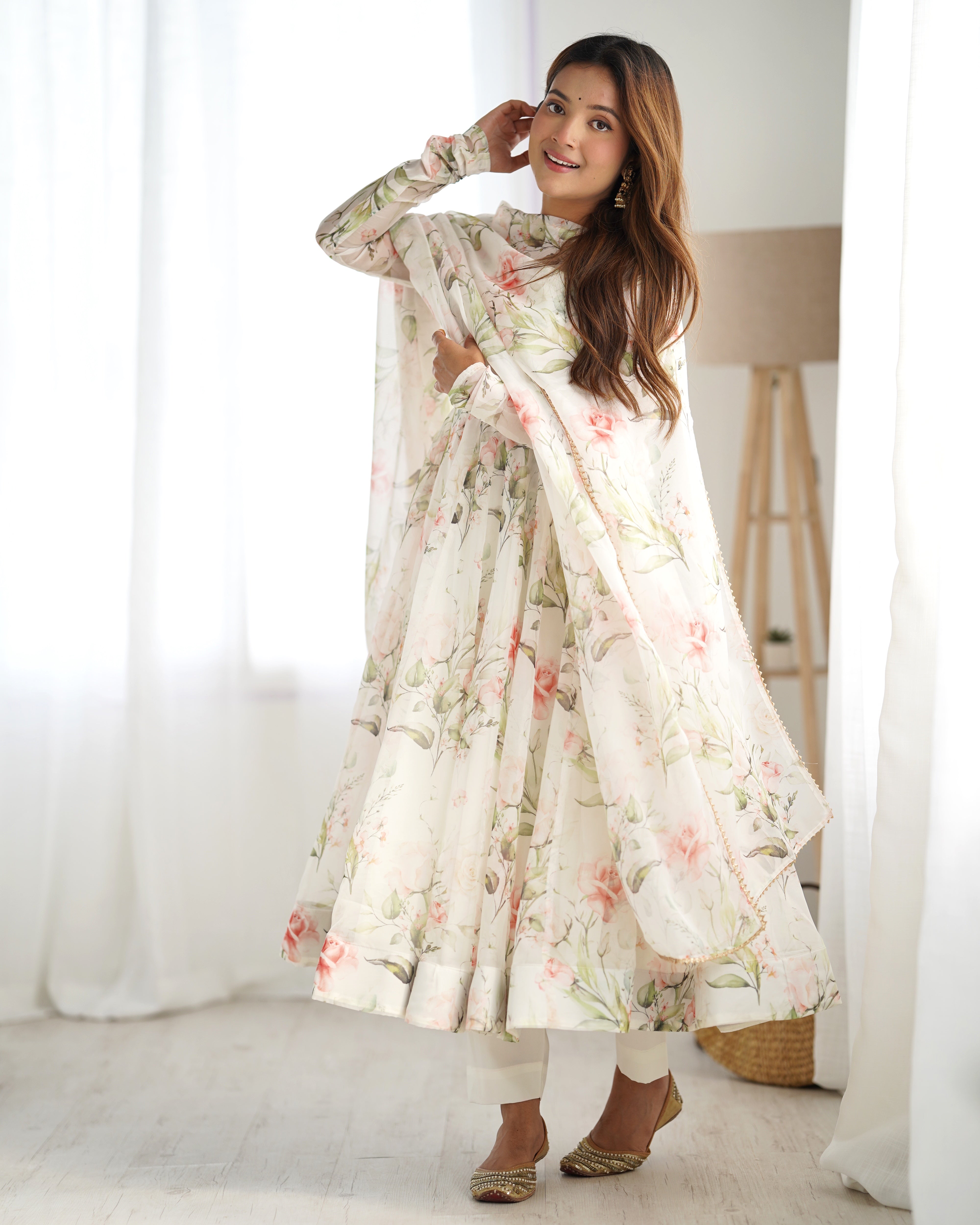 Fancy Off White Floral Printed Organza Anarkali Suit For Women