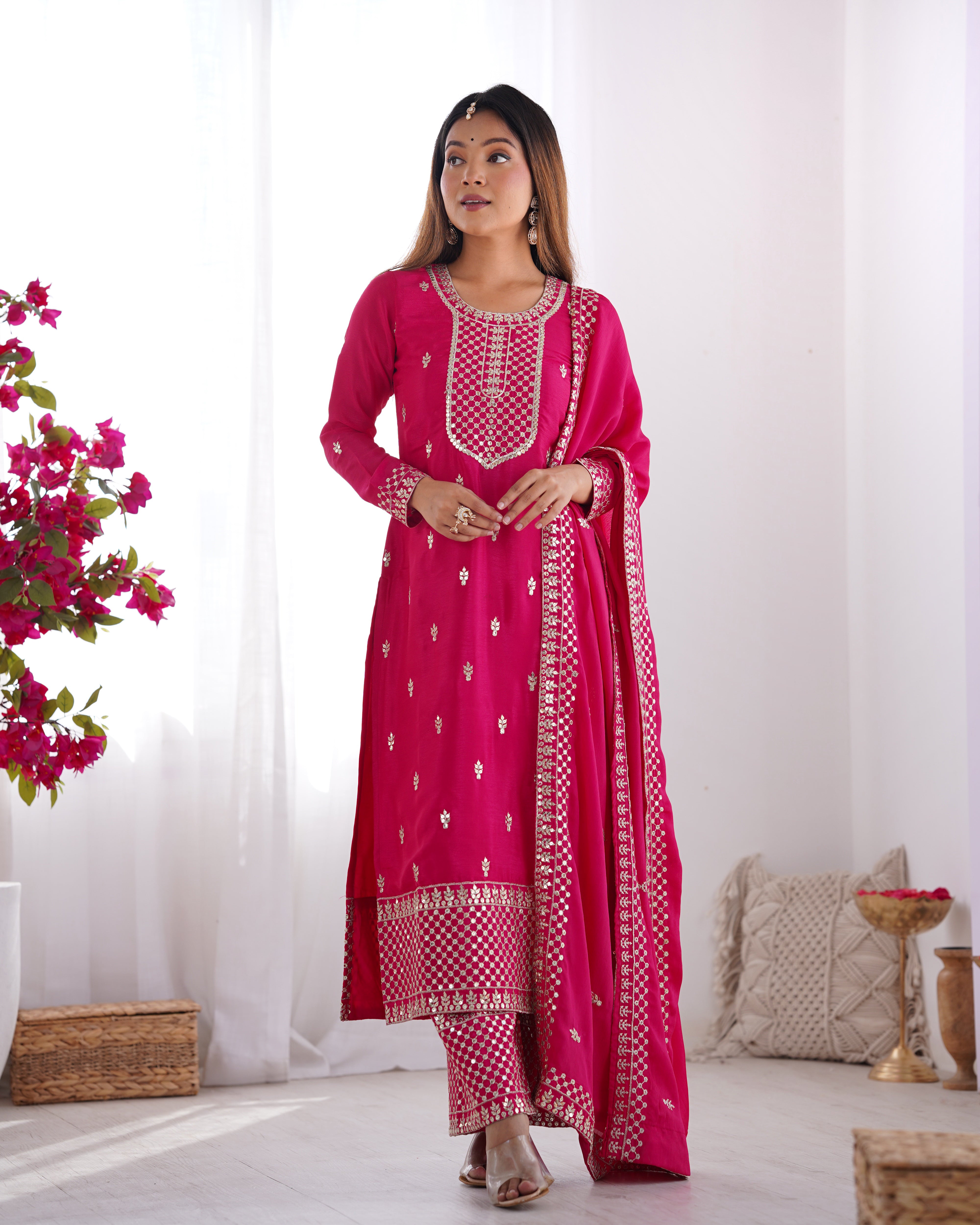 Gorgeous Pink Sequins Chinon Silk Party Wear Palazzo Suit