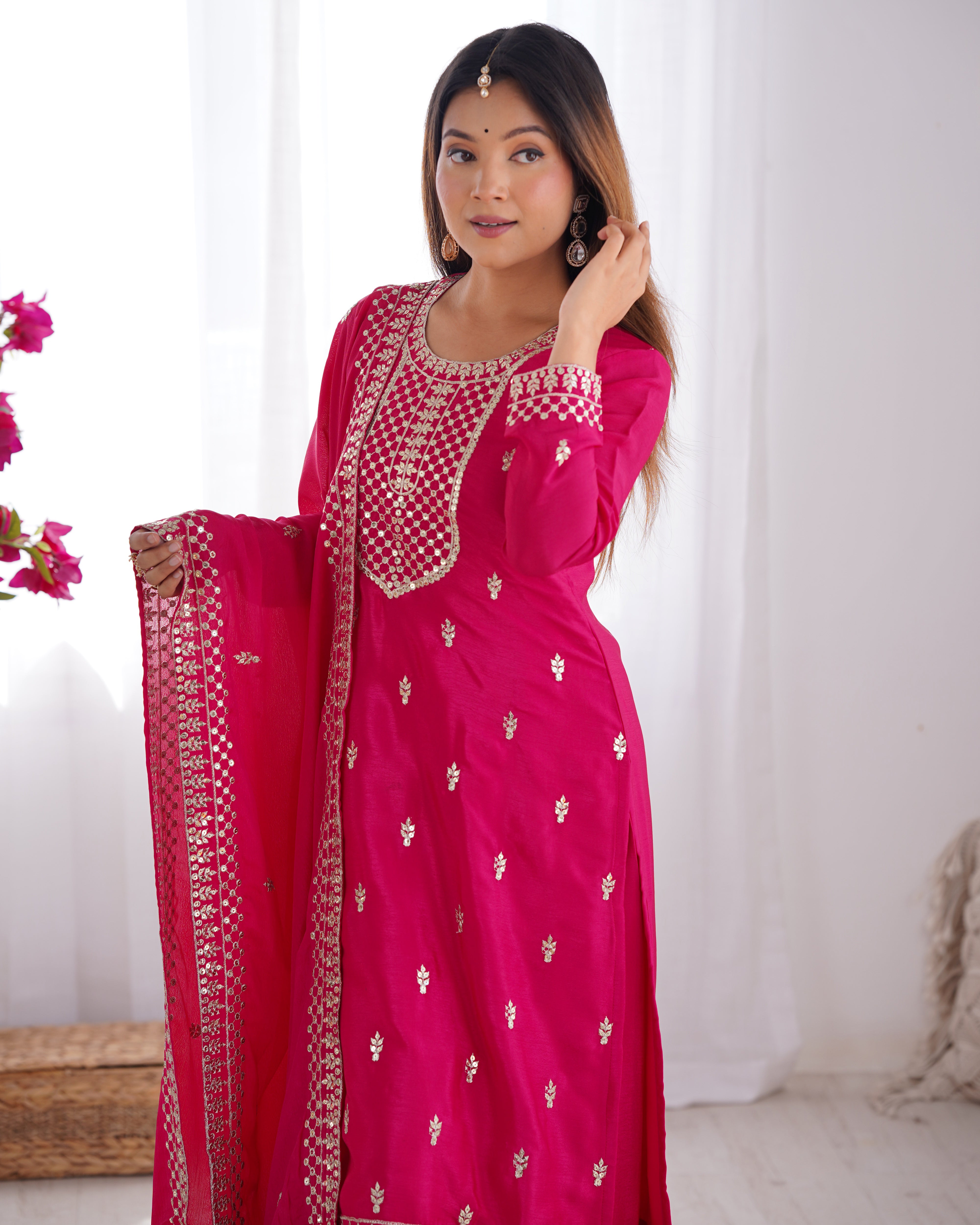 Gorgeous Pink Sequins Chinon Silk Party Wear Palazzo Suit