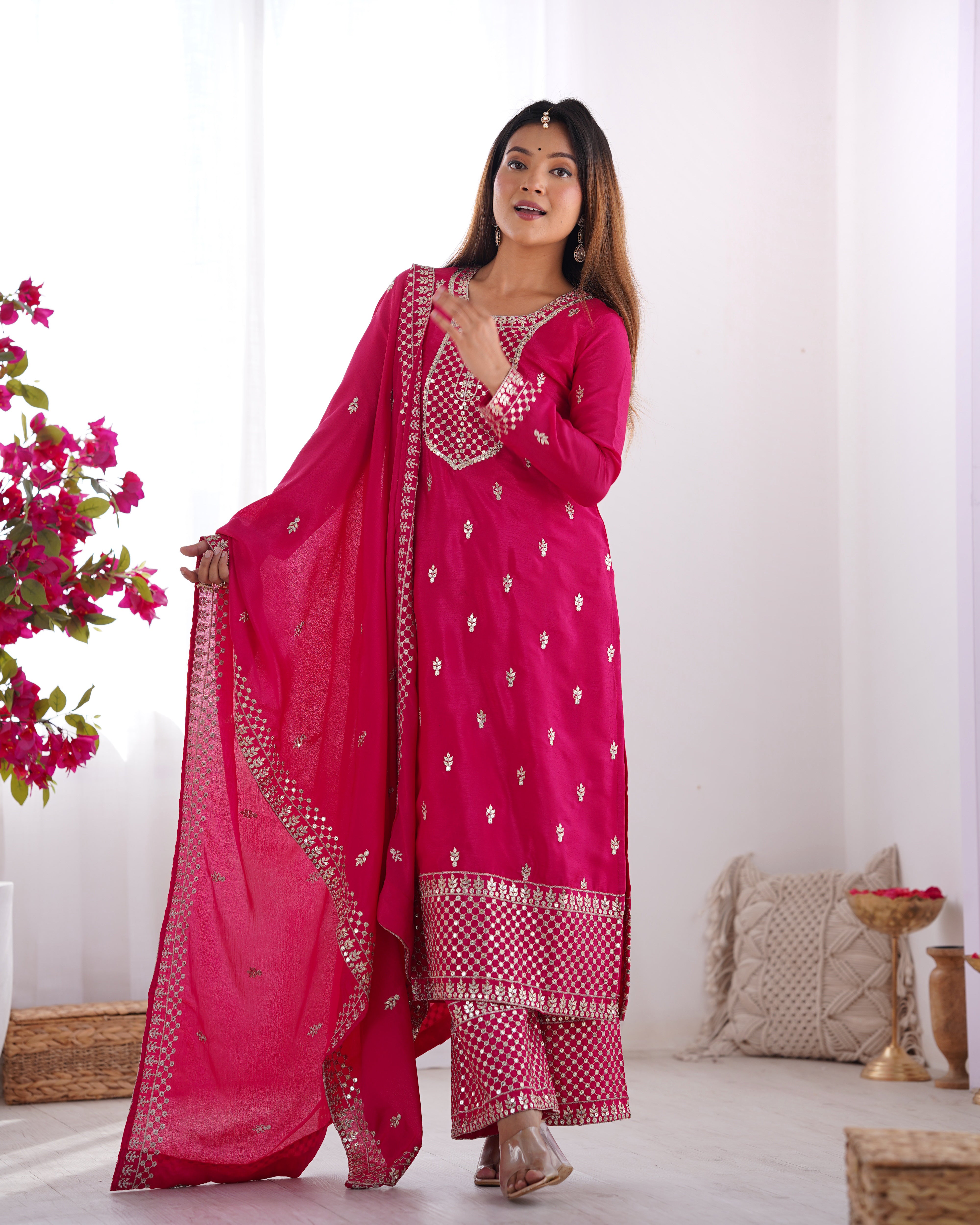 Gorgeous Pink Sequins Chinon Silk Party Wear Palazzo Suit