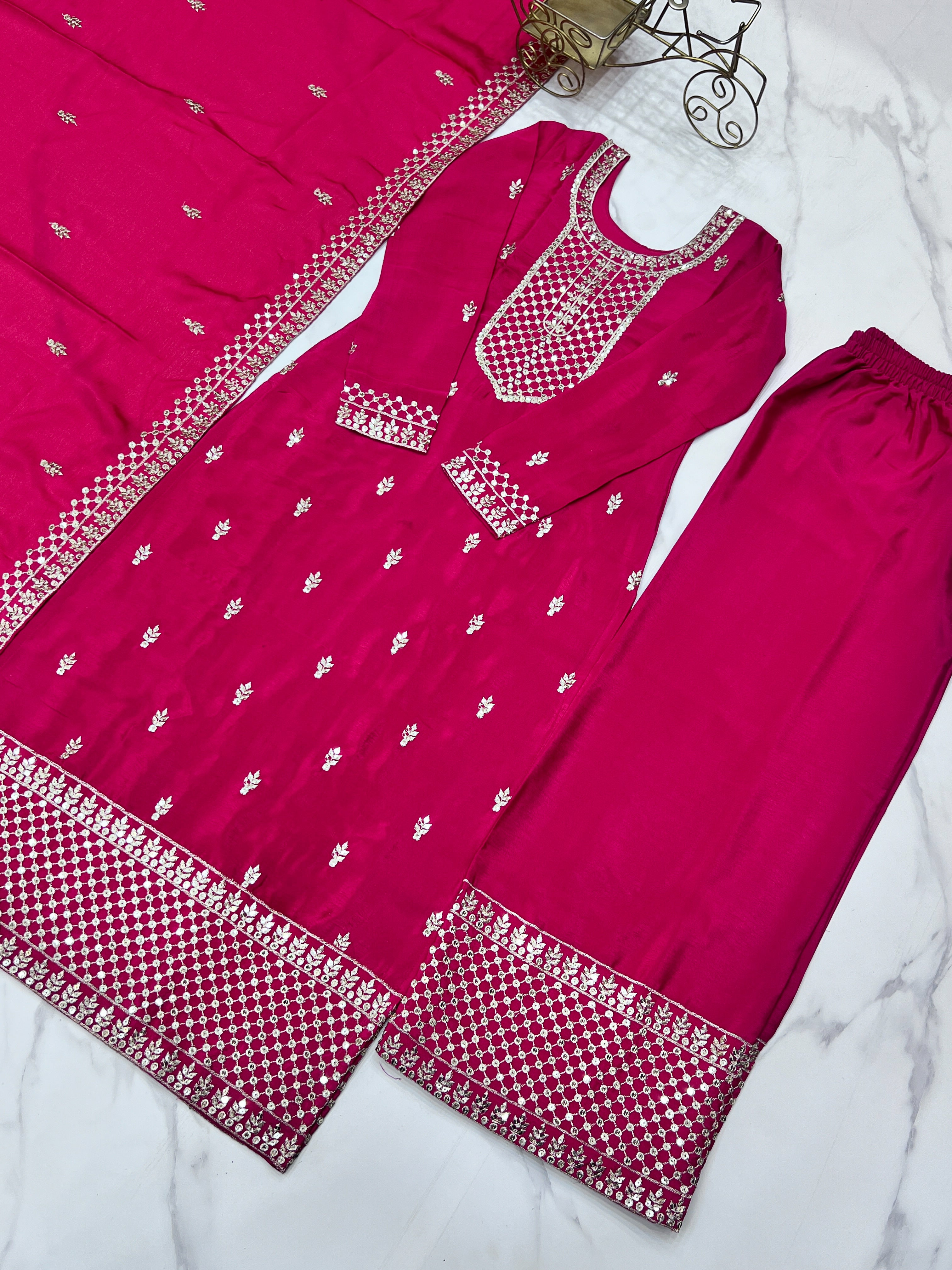 Gorgeous Pink Sequins Chinon Silk Party Wear Palazzo Suit