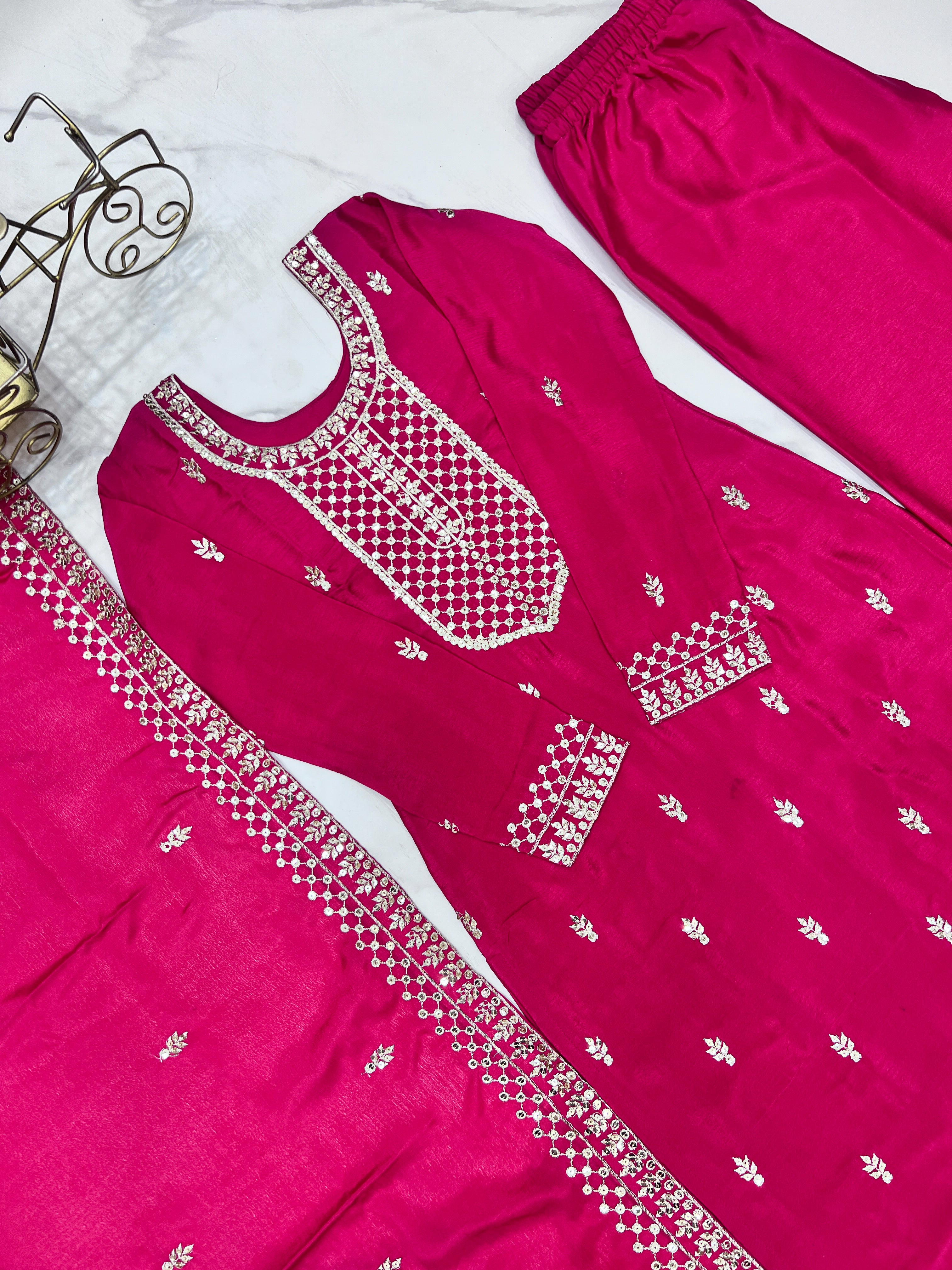 Gorgeous Pink Sequins Chinon Silk Party Wear Palazzo Suit