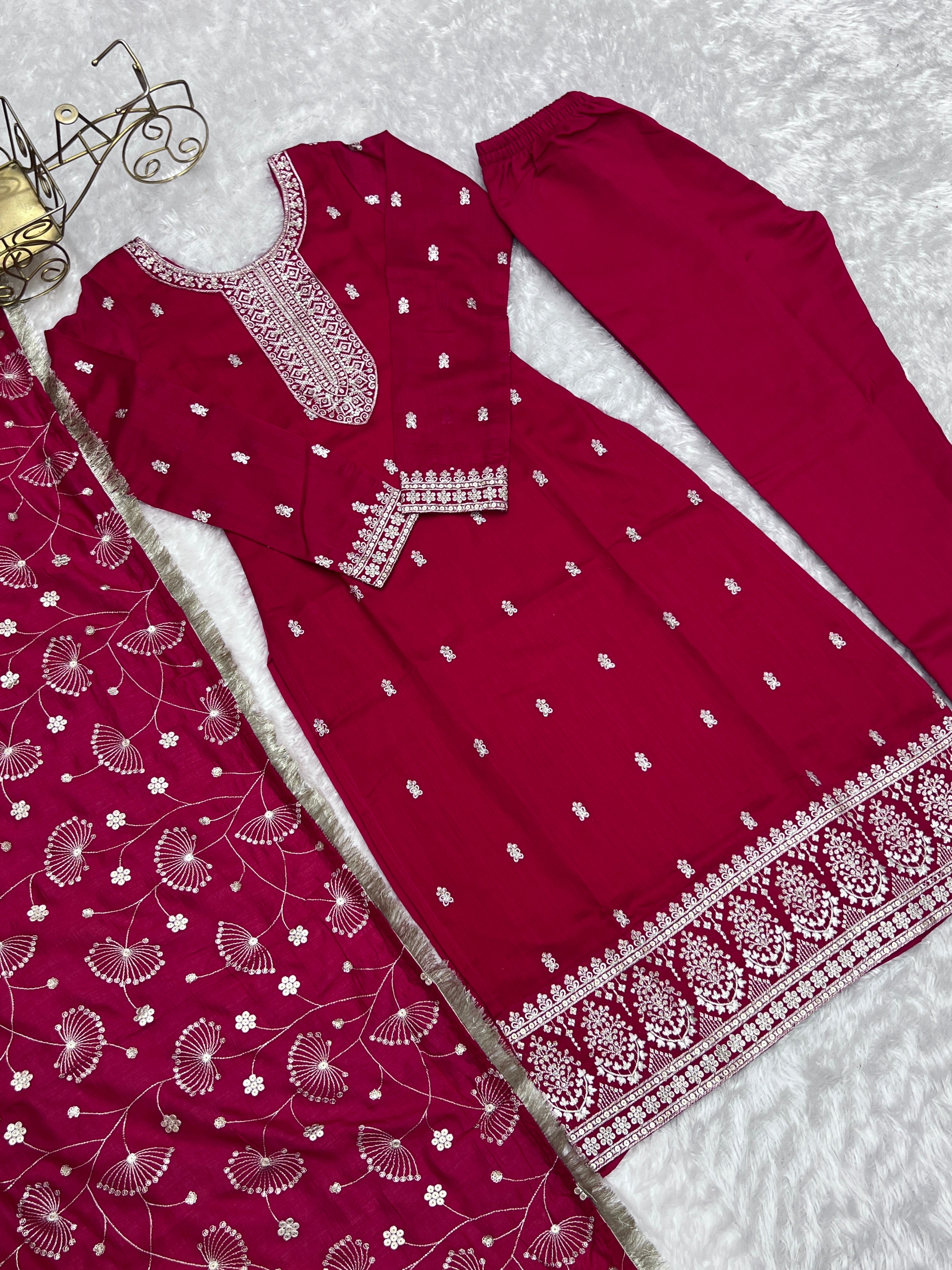 Attractive Rani Pink Embroidered Silk Festival Wear Pant Suit For Women