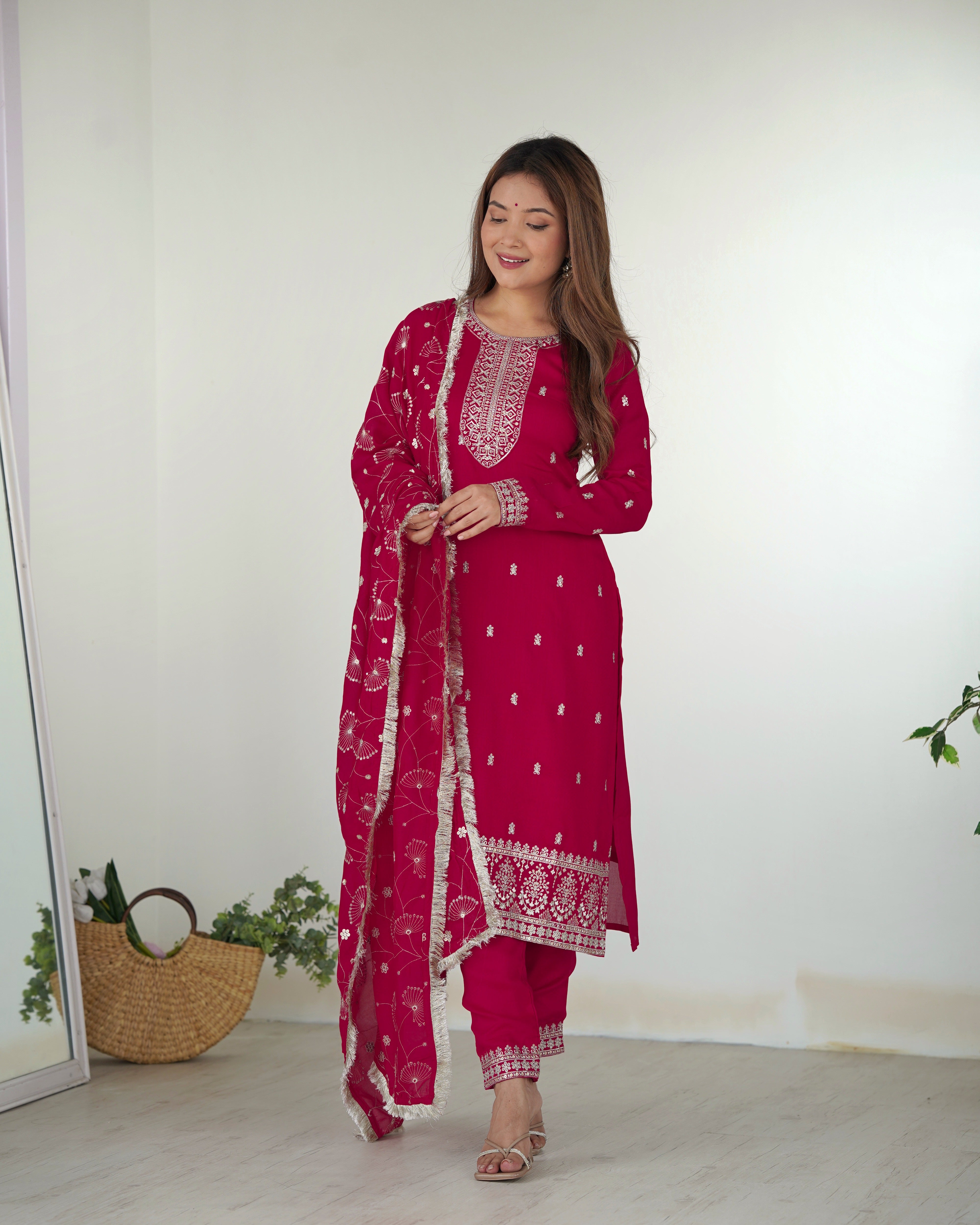 Attractive Rani Pink Embroidered Silk Festival Wear Pant Suit For Women