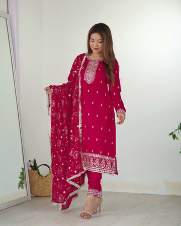 Attractive Rani Pink Embroidered Silk Festival Wear Pant Suit For Women