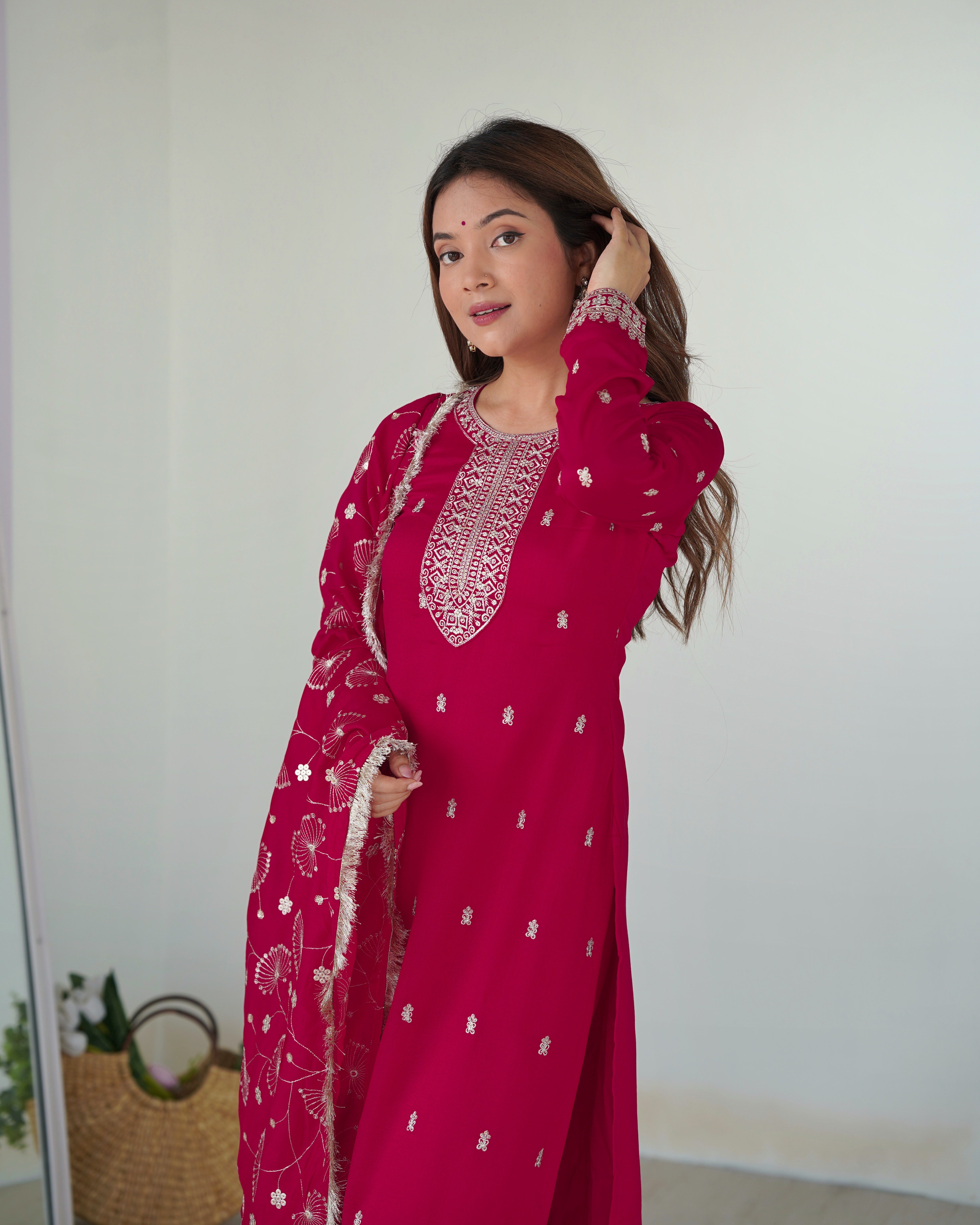Attractive Rani Pink Embroidered Silk Festival Wear Pant Suit For Women