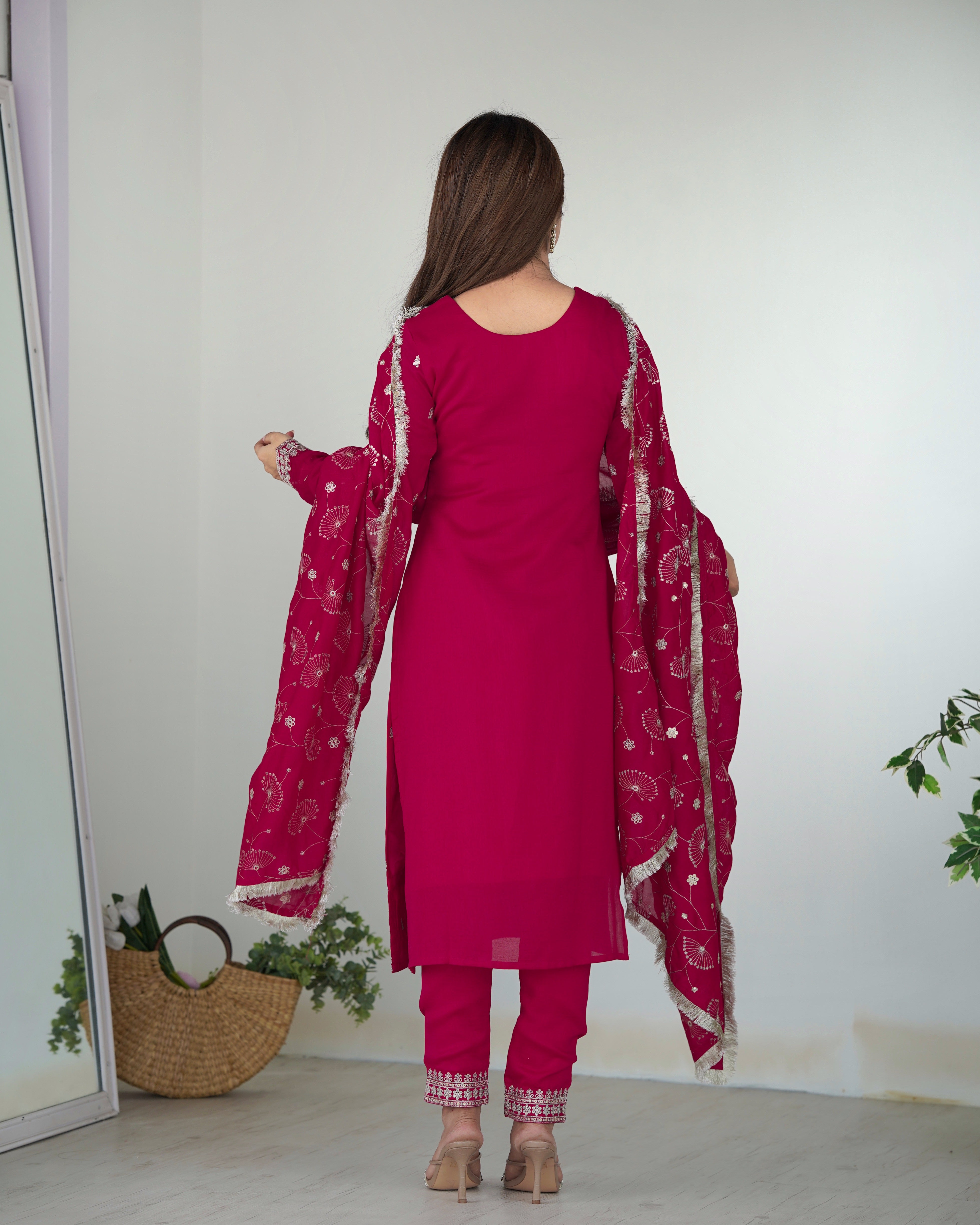 Attractive Rani Pink Embroidered Silk Festival Wear Pant Suit For Women