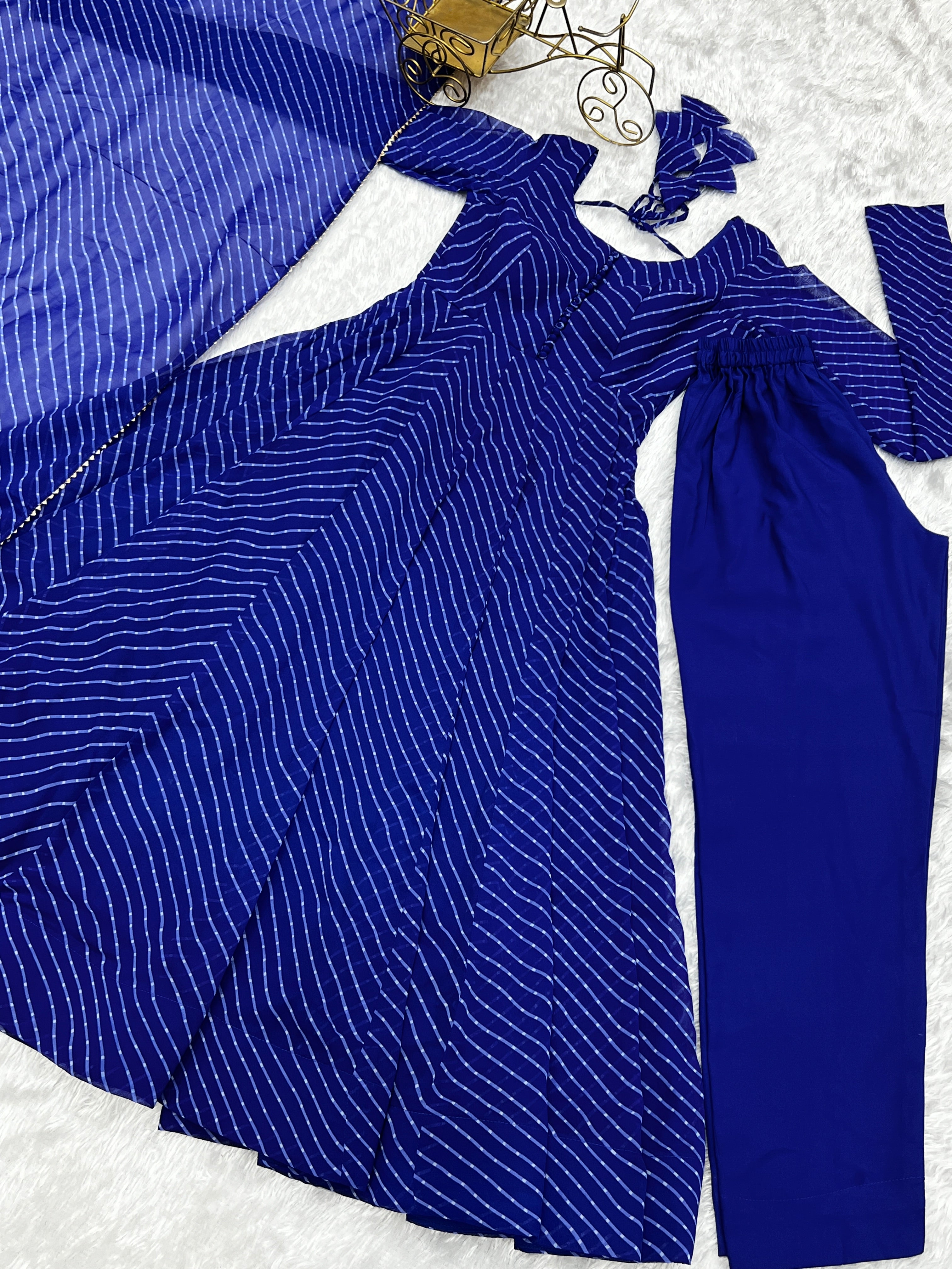Elegant Royal Blue Laheriya Printed Georgette Fastival Anarkali Pant Suit