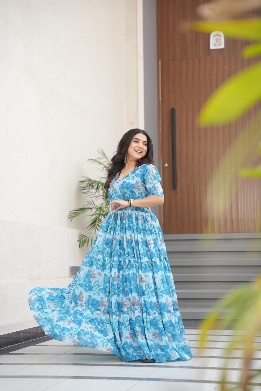 Blue Blossom Tiered Maxi Dress | Floral Georgette Gown