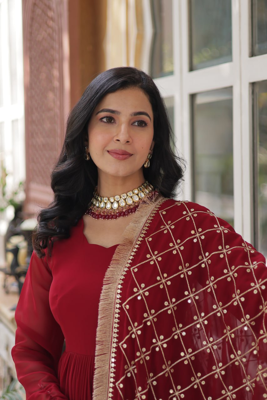 Heavy designed embroidery floral maroon gown