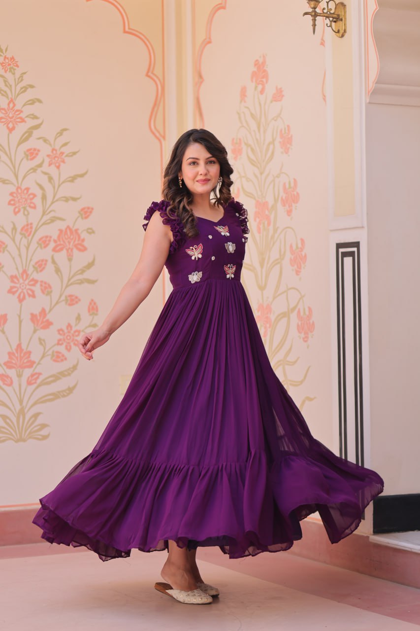Multi Thread Embroidery Georgette Festive Wear Gown