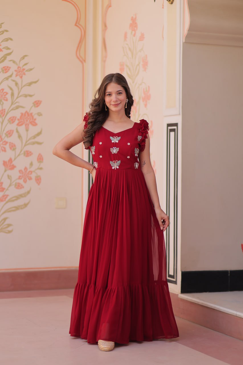Multi Thread Embroidery Georgette Festive Wear Gown