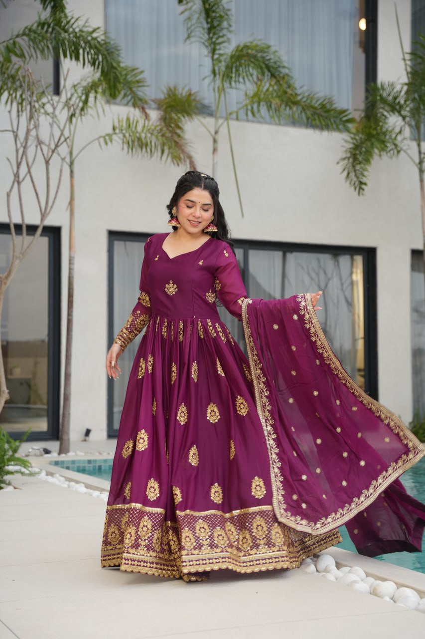 Purple Georgette Embroidered Kurta With Dupatta