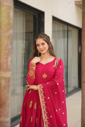 Pink Georgette Embroidered Kurta With Dupatta