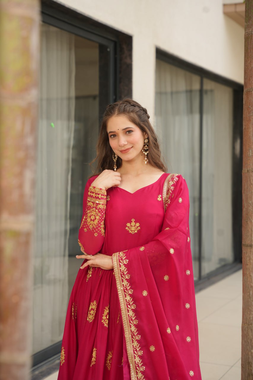 Pink Georgette Embroidered Kurta With Dupatta