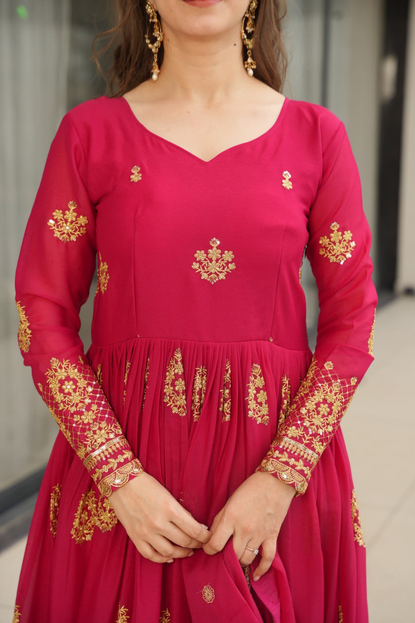 Pink Georgette Embroidered Kurta With Dupatta