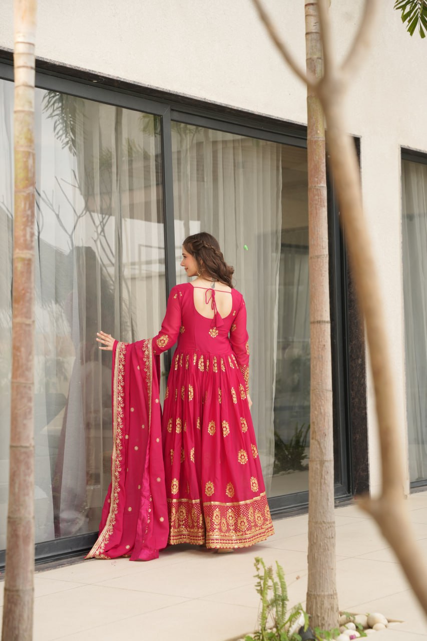 Pink Georgette Embroidered Kurta With Dupatta