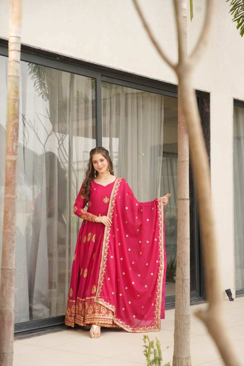 Pink Georgette Embroidered Kurta With Dupatta
