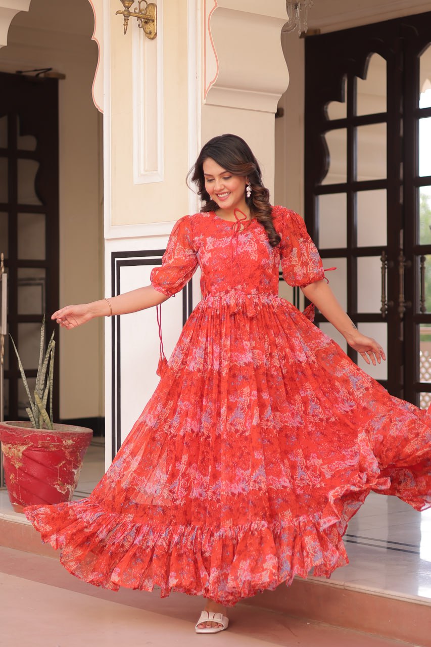 Beautiful Pink Printed Georgette Festive Wear Dress