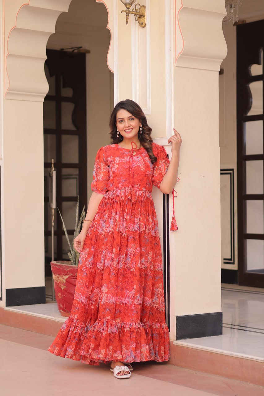 Beautiful Pink Printed Georgette Festive Wear Dress