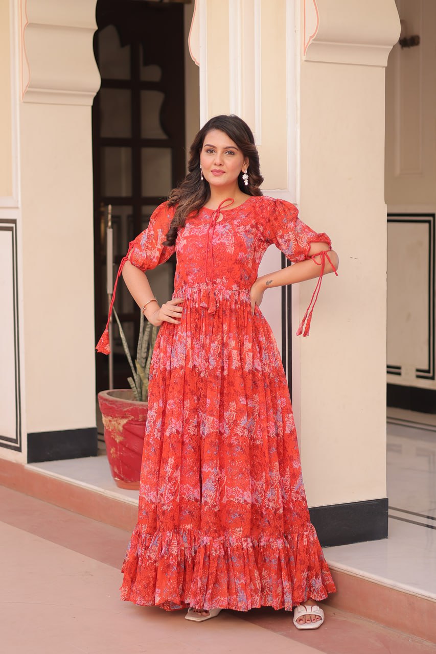 Beautiful Pink Printed Georgette Festive Wear Dress