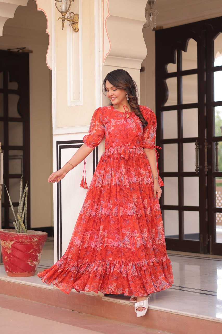 Beautiful Pink Printed Georgette Festive Wear Dress