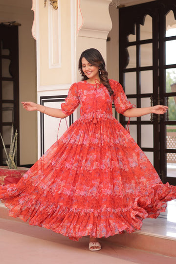Beautiful Pink Printed Georgette Festive Wear Dress