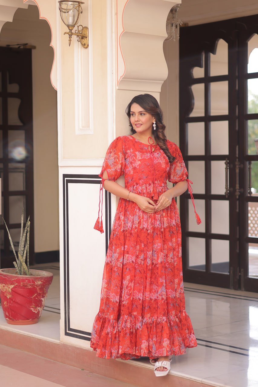 Beautiful Pink Printed Georgette Festive Wear Dress