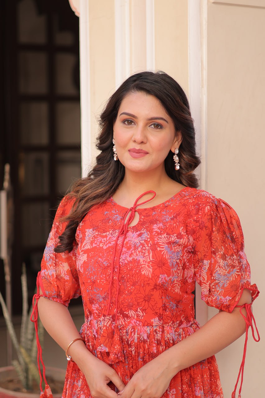 Beautiful Pink Printed Georgette Festive Wear Dress